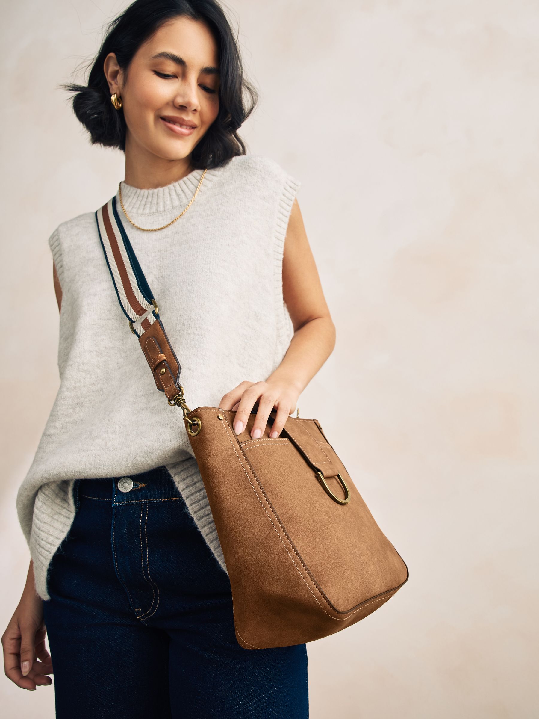 Tan Brown Structured Messenger Bag