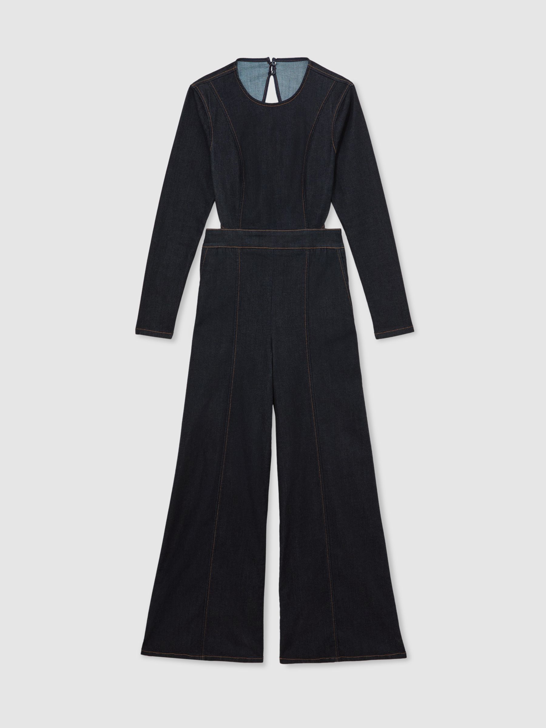 Reiss Indigo Blue Sanata Wide-Leg Open-Back Denim Jumpsuit