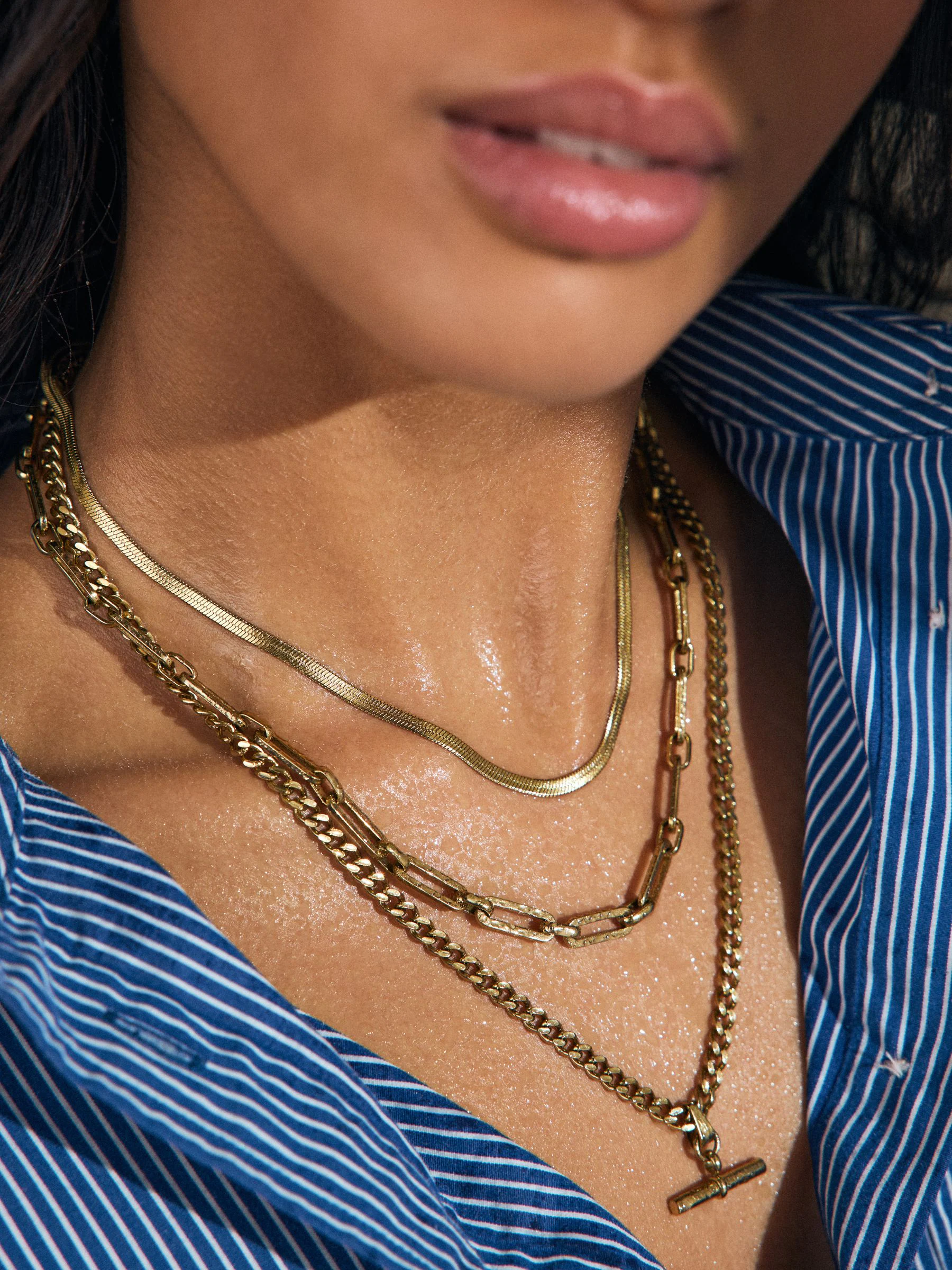 Gold Tone Stainless Steel T-Bar Necklace