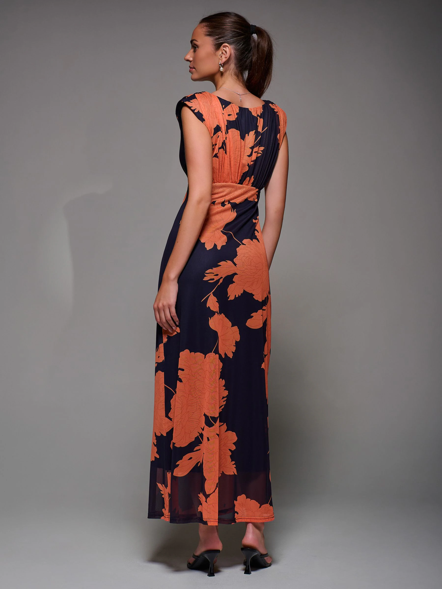 Jolie Moi Orange Slash Neck Fit & Flare Mesh Maxi Dress