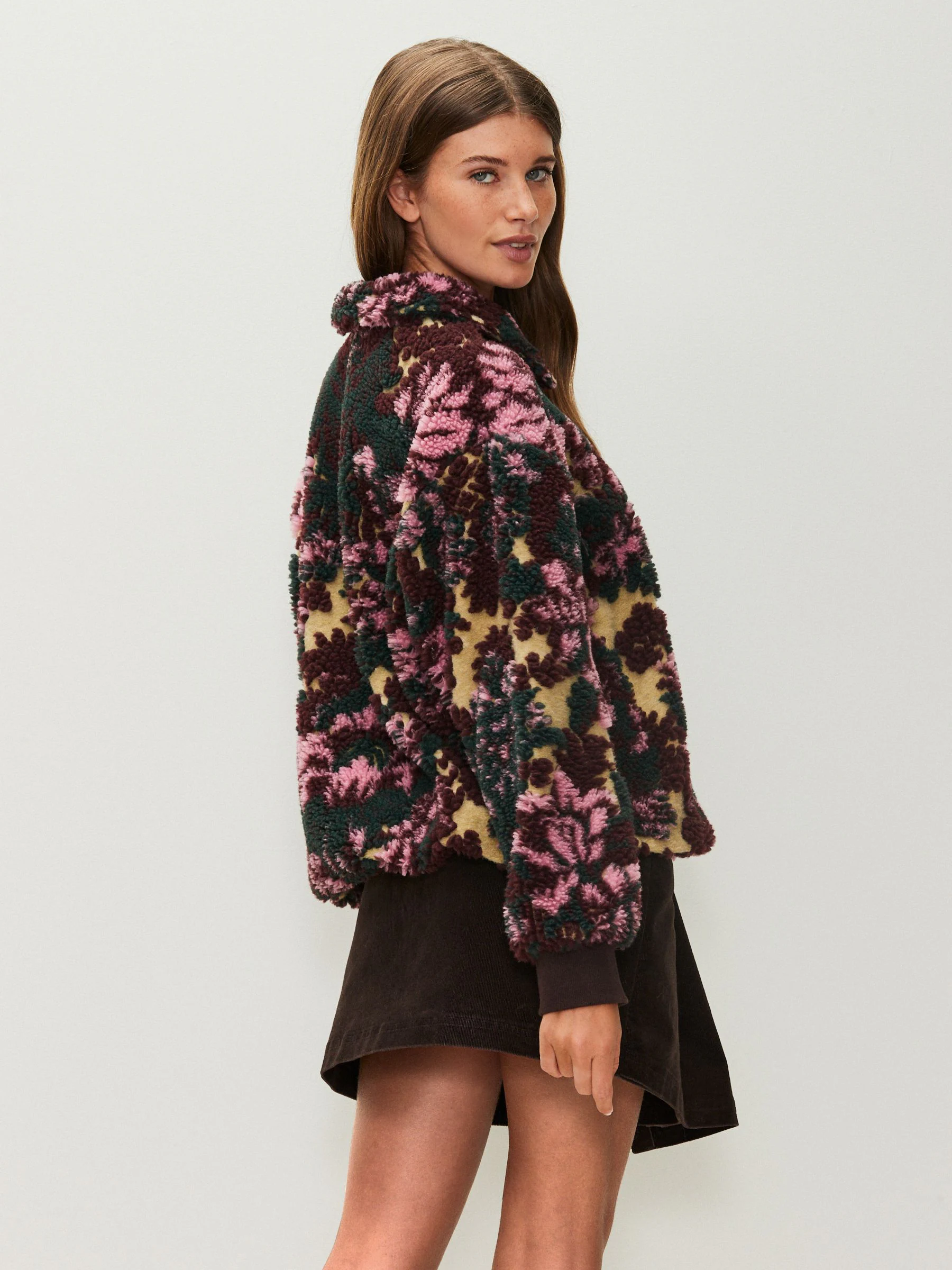 Green Floral Jacquard Teddy Borg Quarter Zip Fleece Sweatshirt