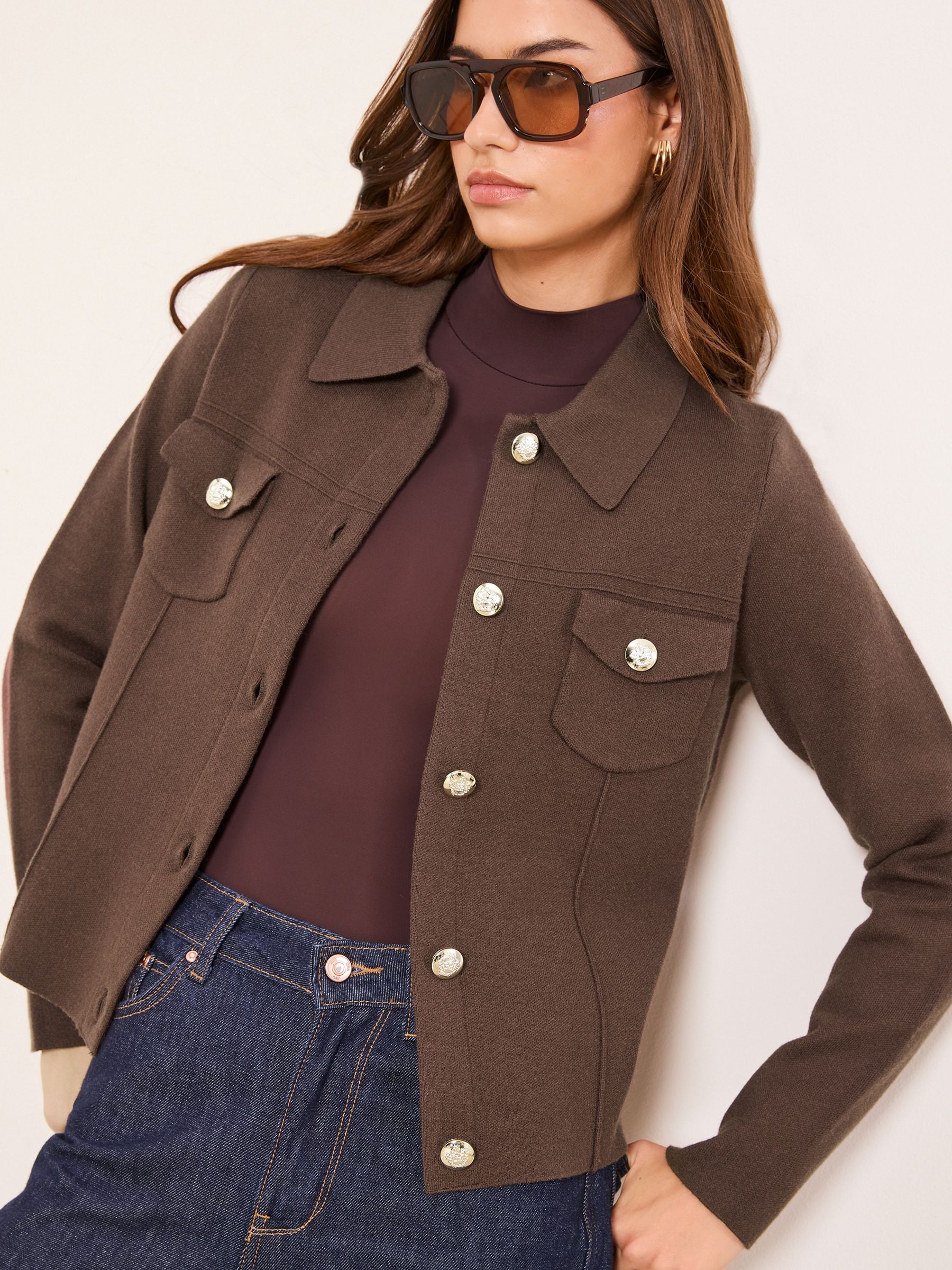 Lipsy Chocolate Brown Collared Military Long Sleeve Knitted Cardigan Jacket With Pockets