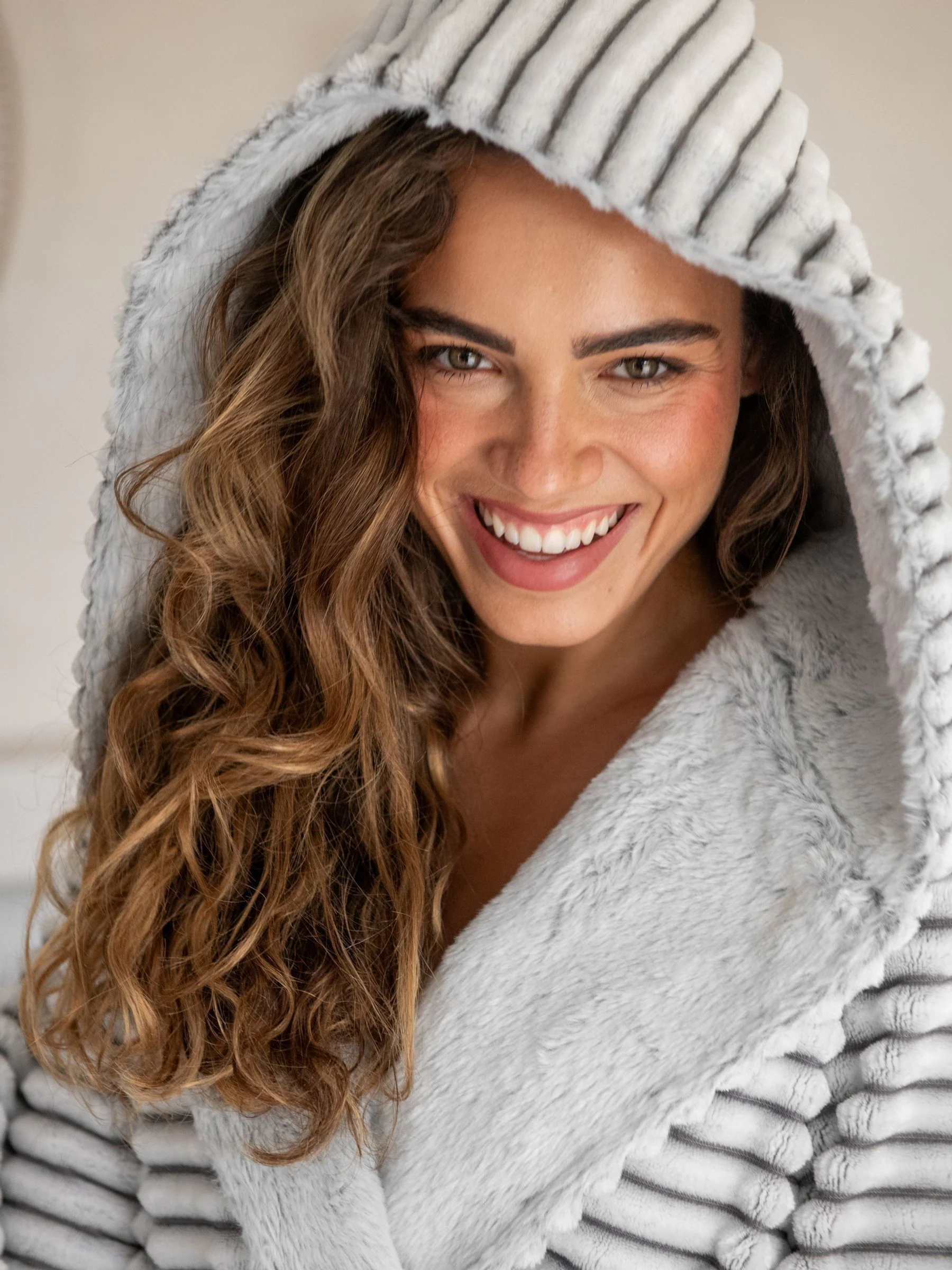 Pour Moi Grey Cosy Ribbed Fleece Midi Hooded Dressing Gown