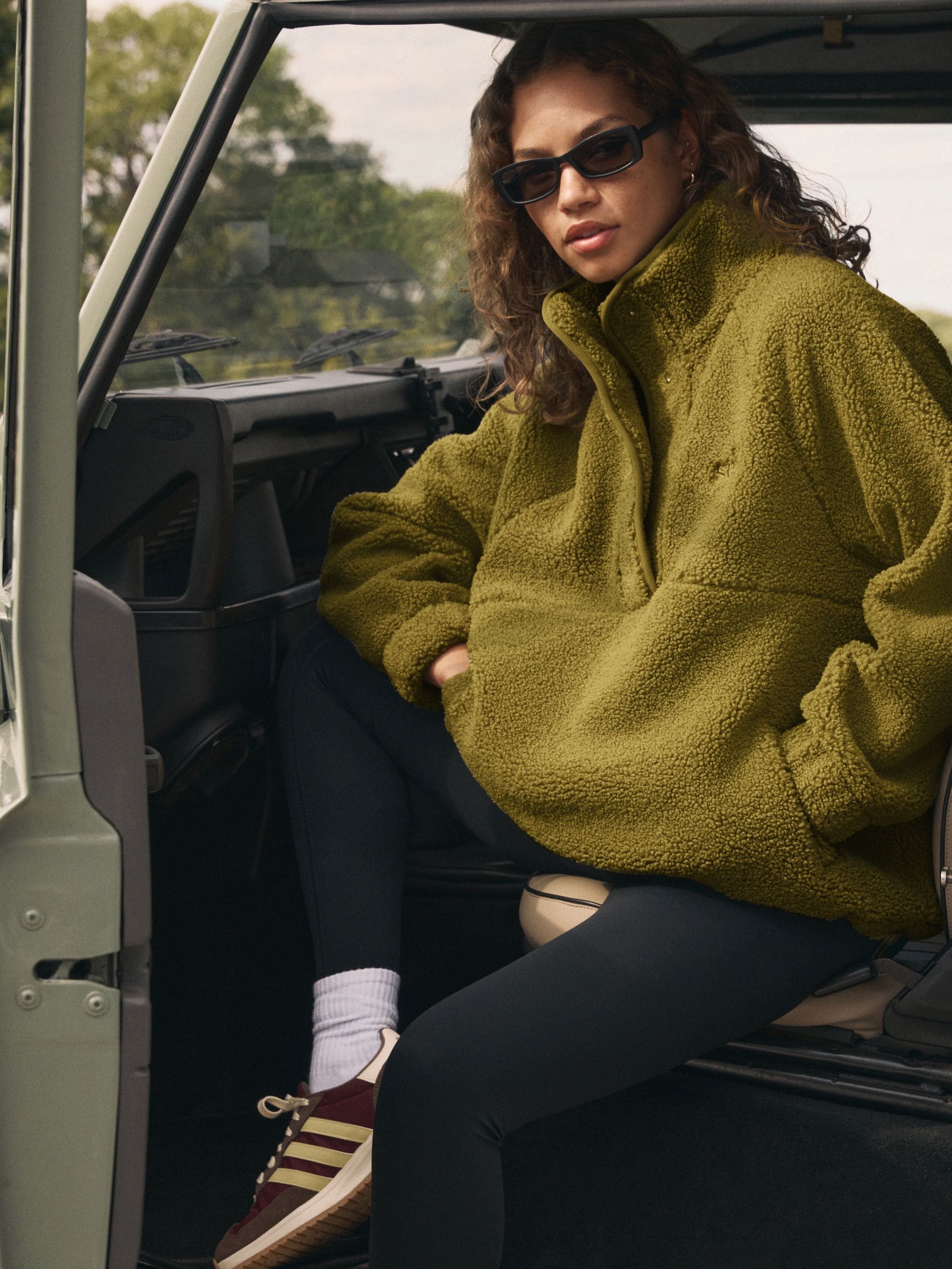 self. Olive Green Borg Popper Neck Jumper