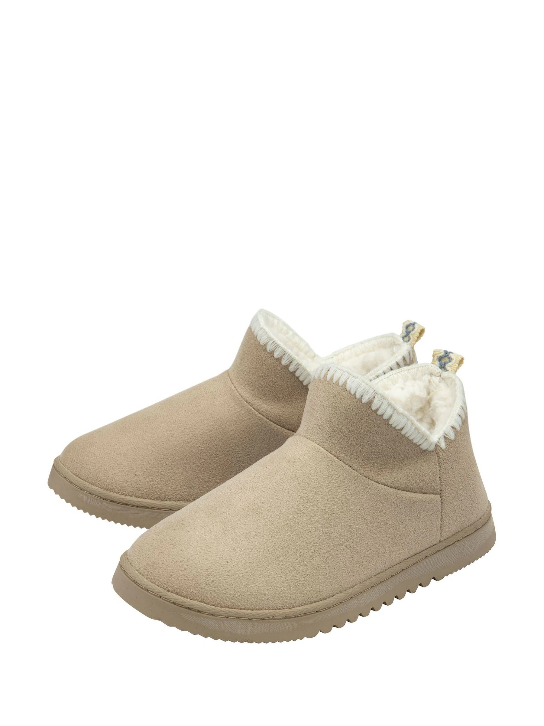 Dunlop Cream Faux Suede Whipstitch Bootee Slippers