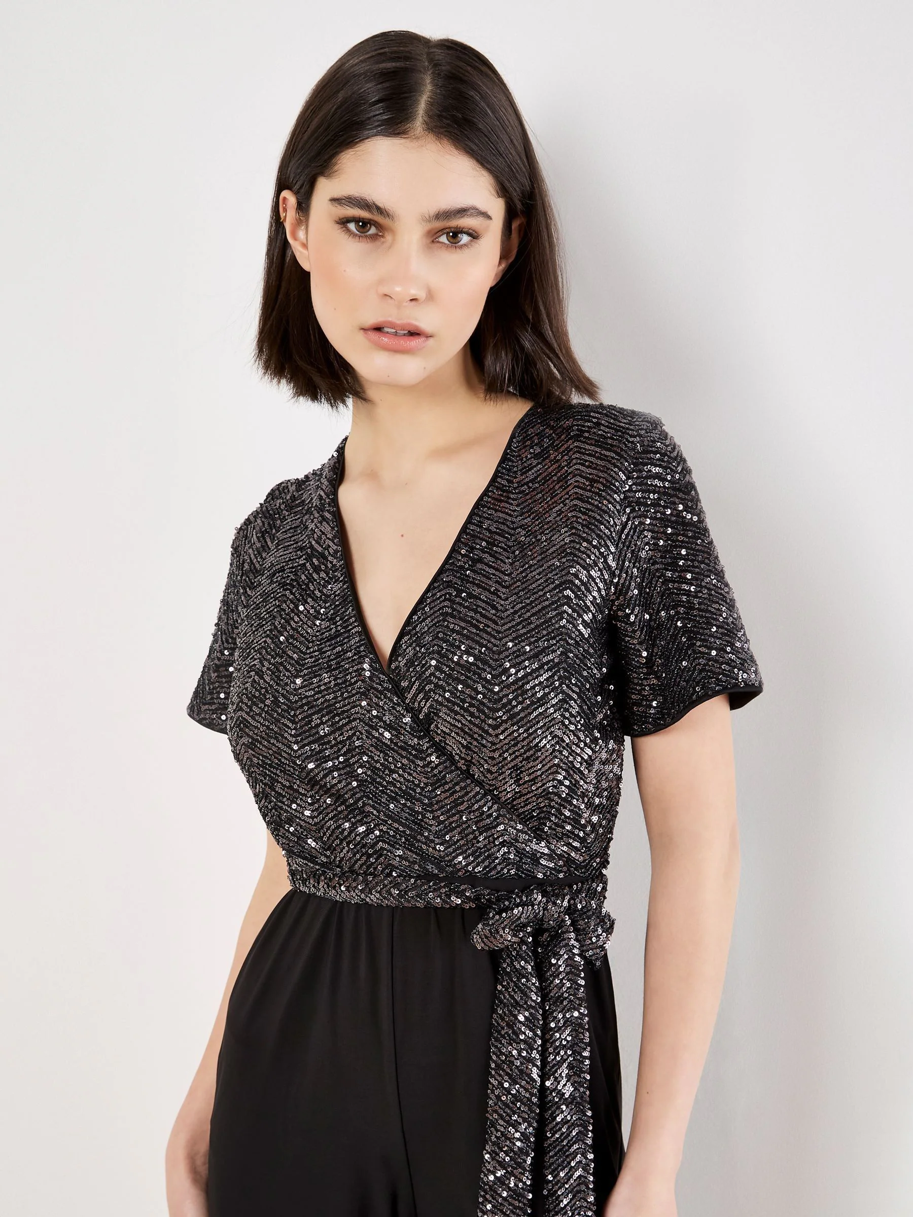 Apricot Grey Chevron Sequin Jumpsuit