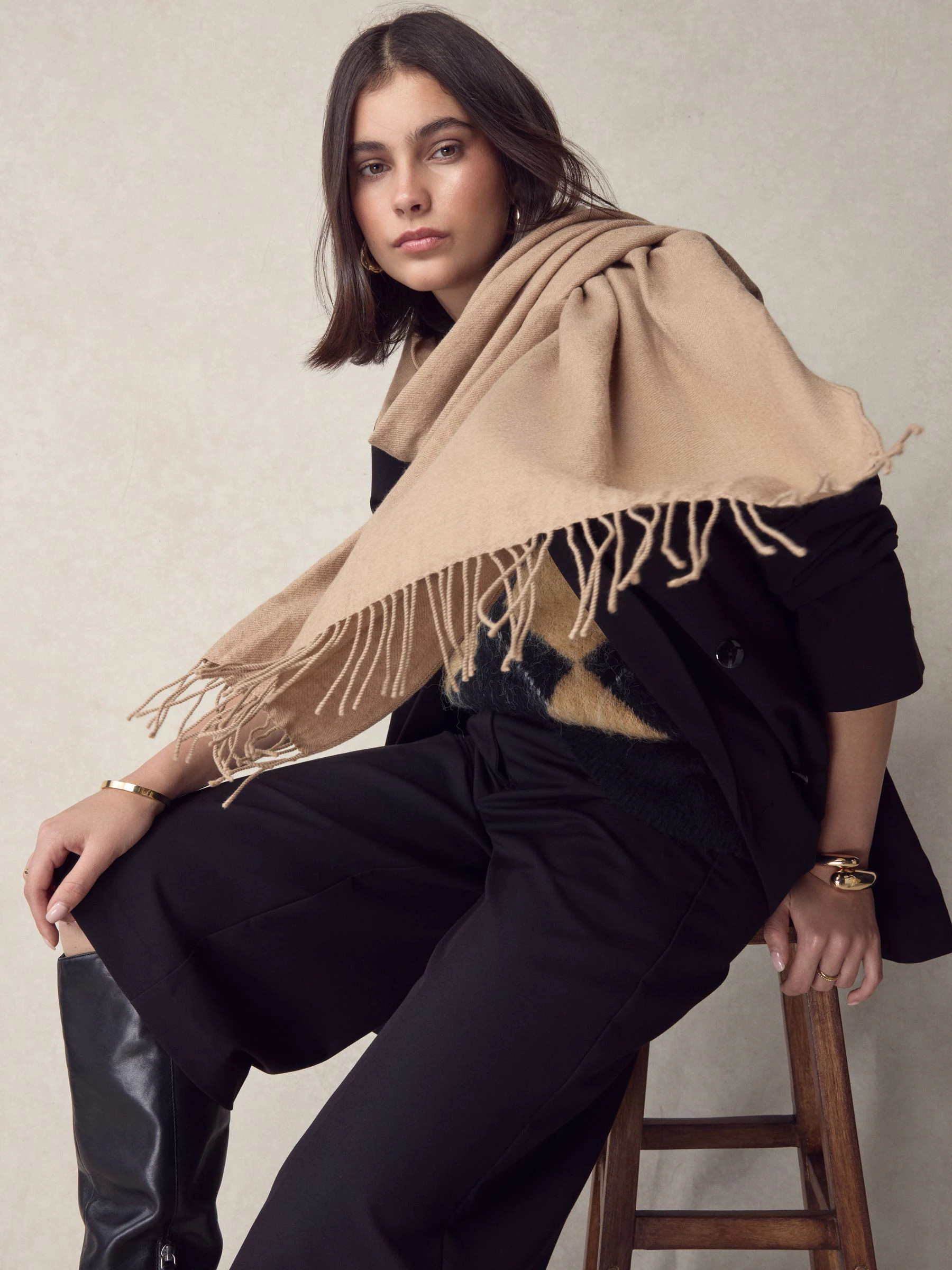 Camel Premium Made in Italy Twill Midweight Shawl Scarf