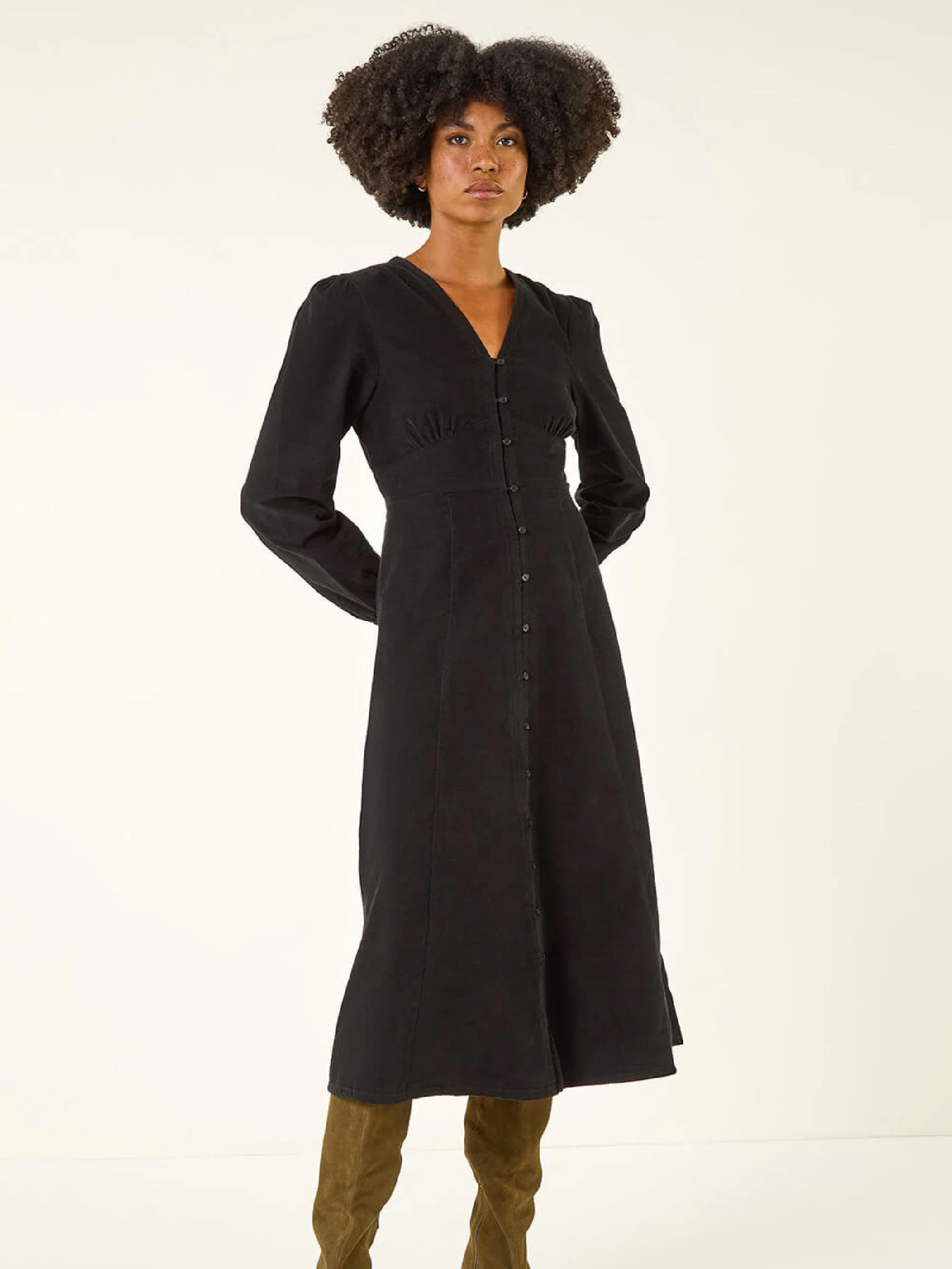 Roman Black Corduroy Button Through Midi Dress