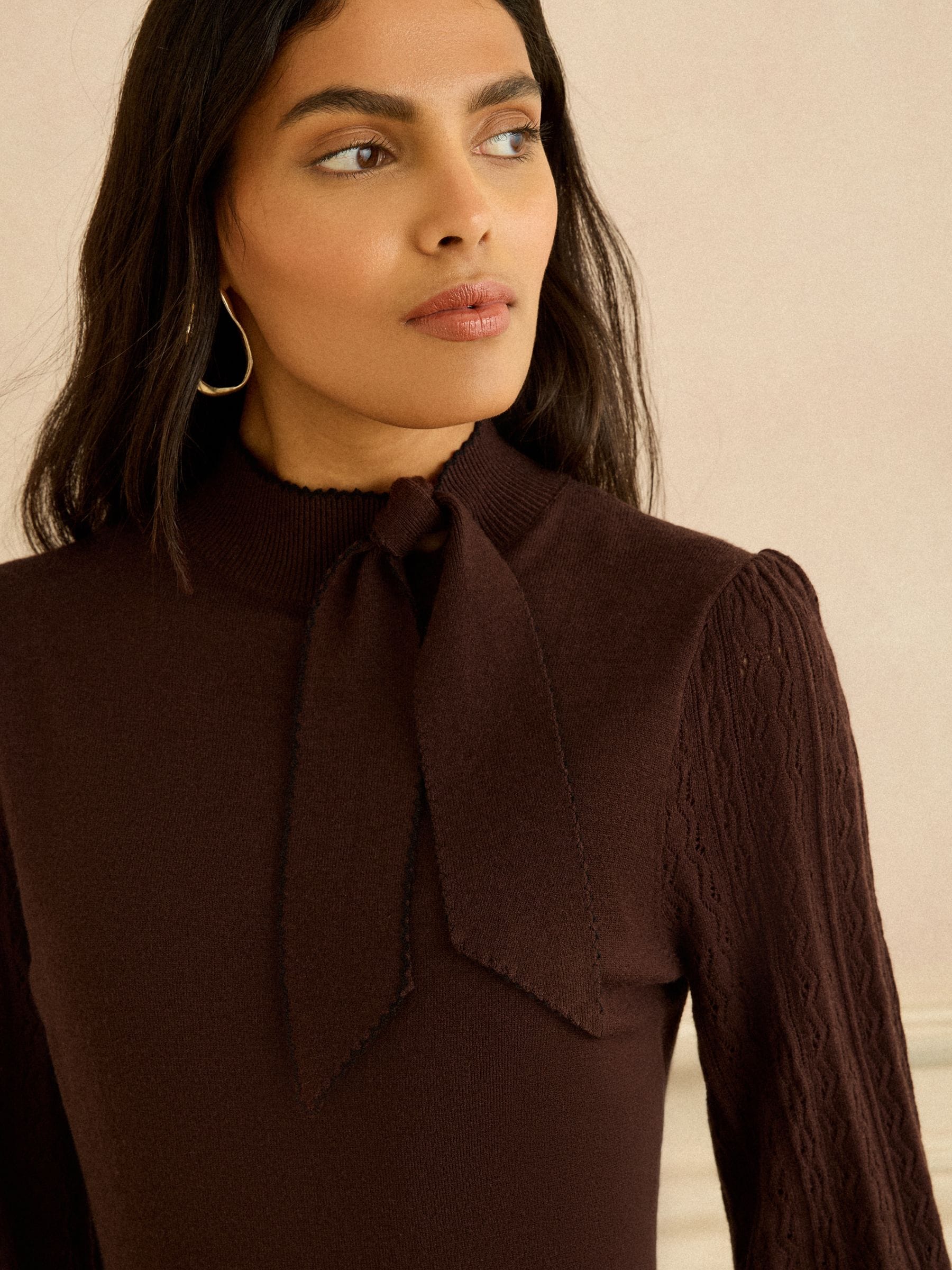 Love & Roses Chocolate Brown Tie Neck Knitted Mini Dress