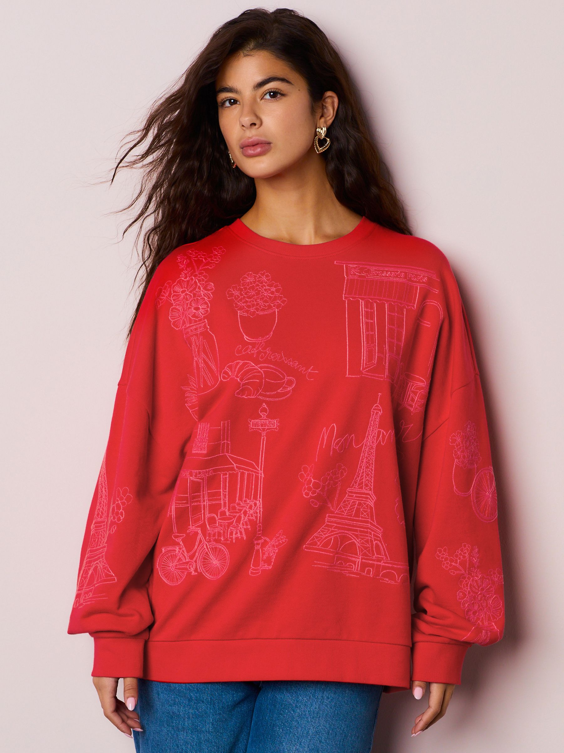 Red Embroidered Sweatshirt