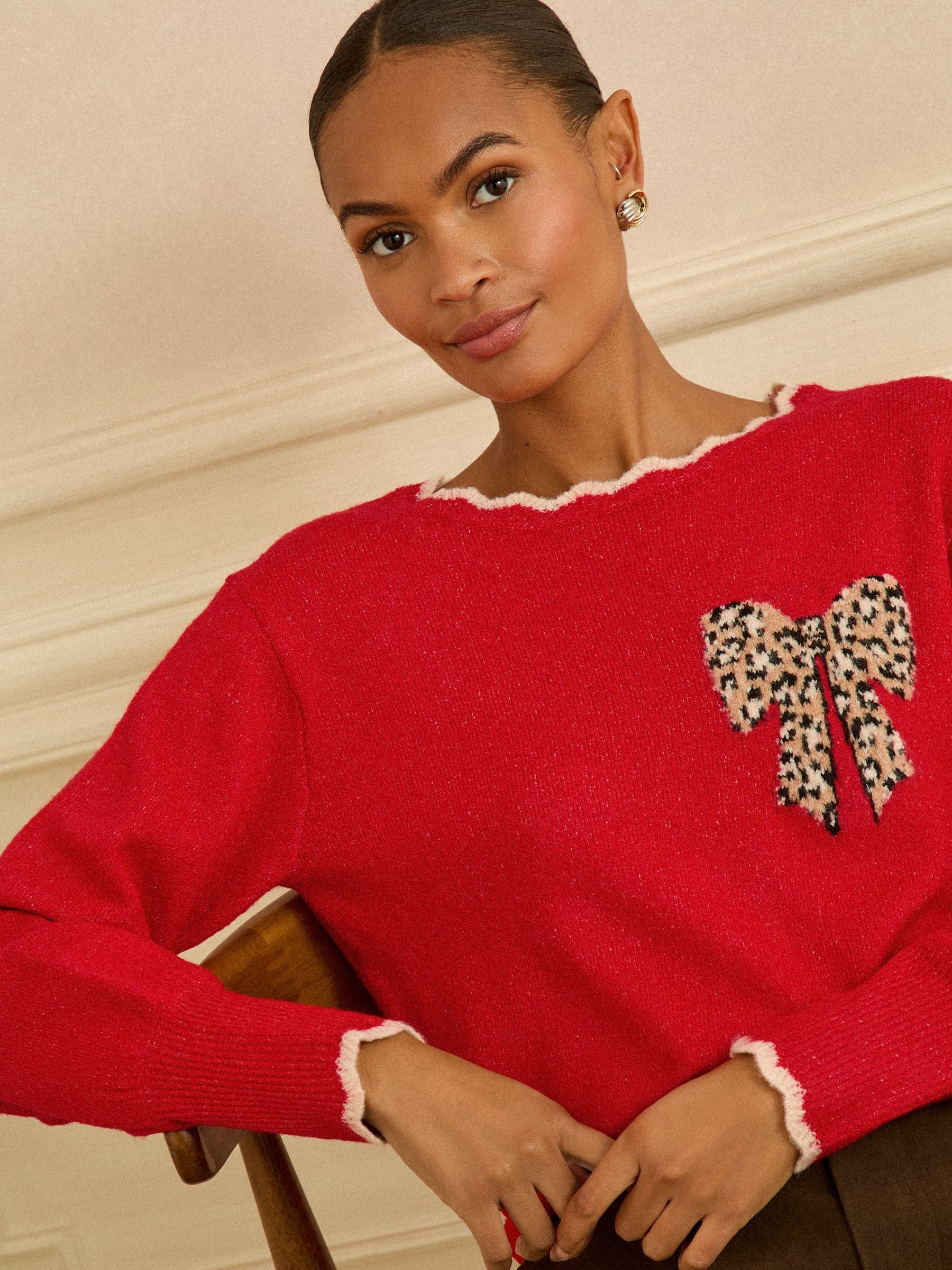 Love & Roses Red Leopard Print Bow Scallop Knitted Jumper
