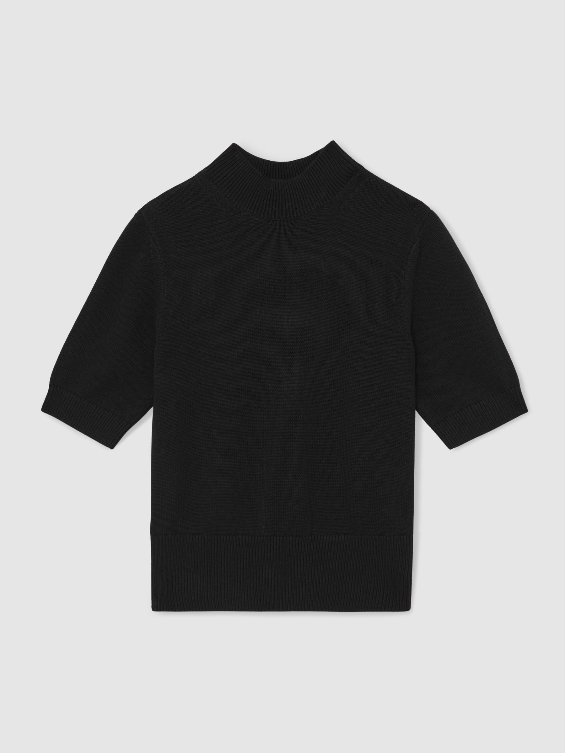 Reiss Black Aria Cotton and Wool Funnel-Neck Knit Top