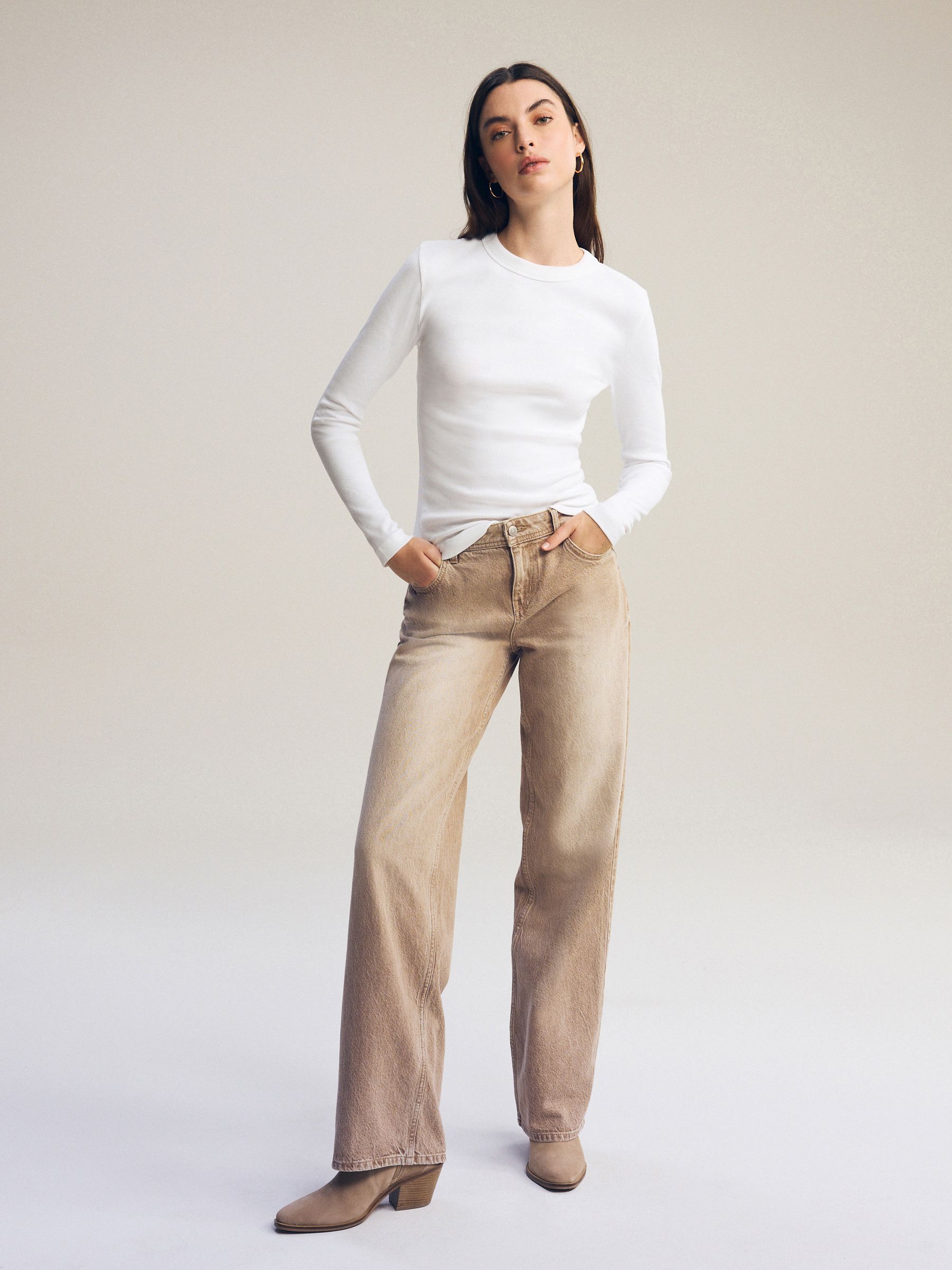 White Long Sleeve Ribbed Crew Neck Top