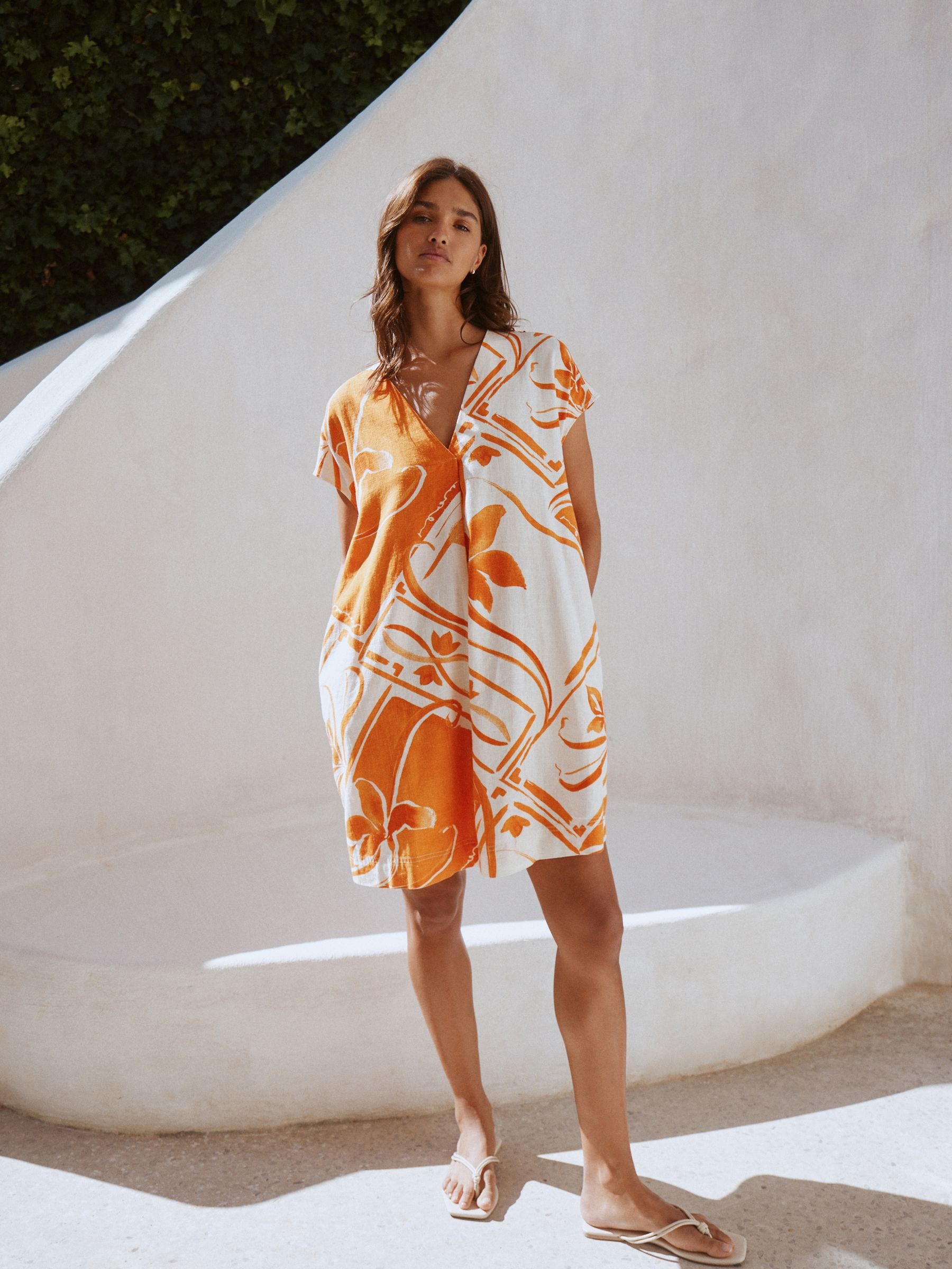 Orange Tile Print Linen Blend Mini Short Sleeve V-Neck Kaftan Dress