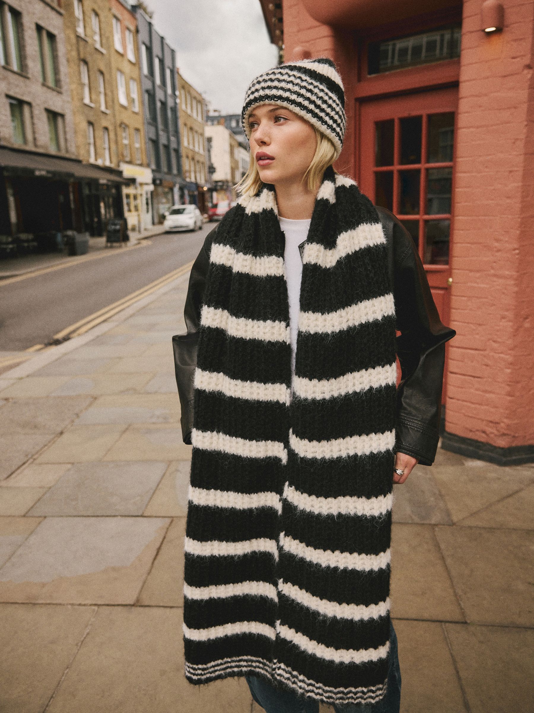 Black/White Knitted Wool Blend Striped Scarf