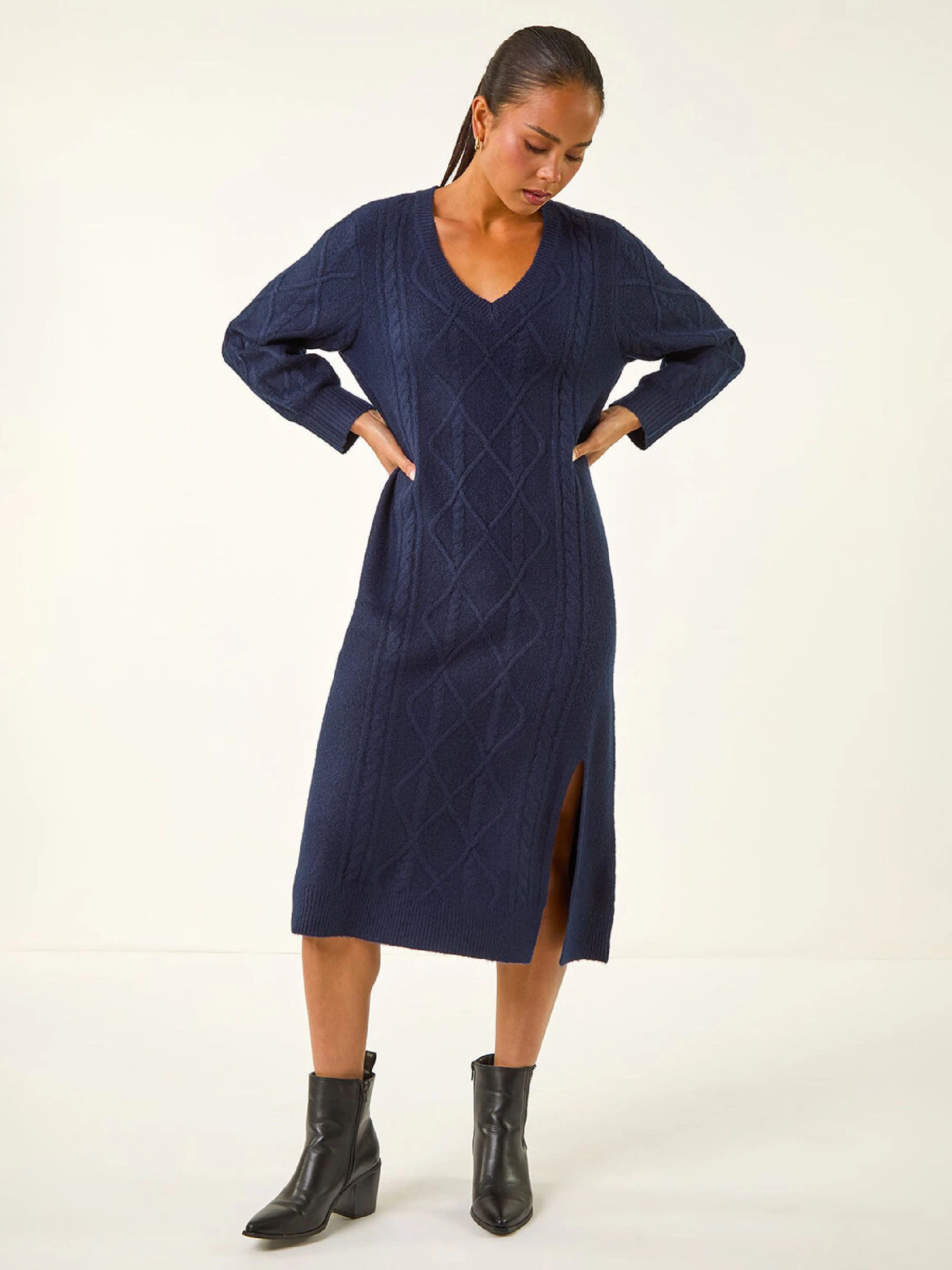 Roman Blue Petite V-Neck Knit Midi Dress