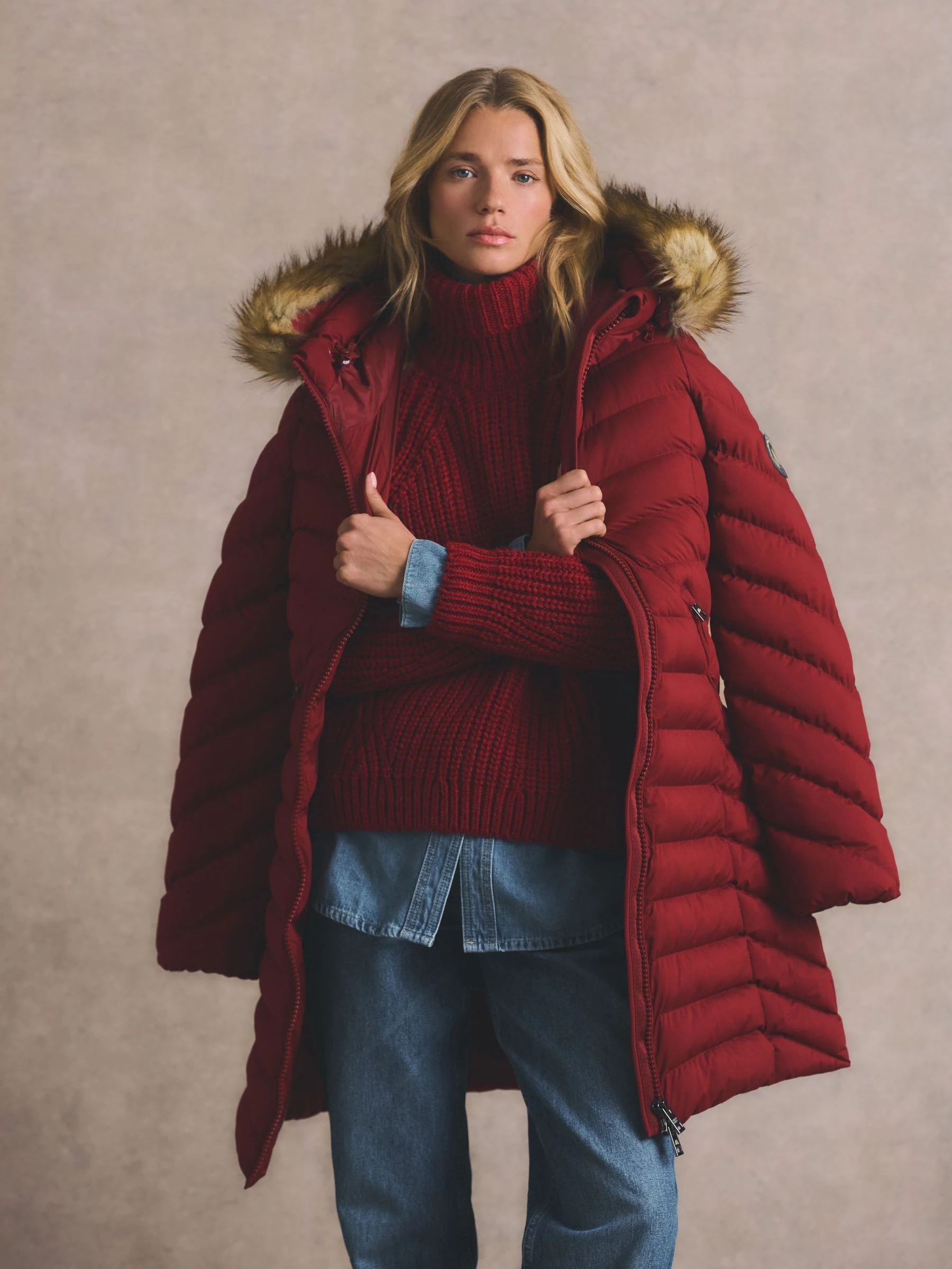 Superdry Red Fuji Faux Hood Mid Length Coat