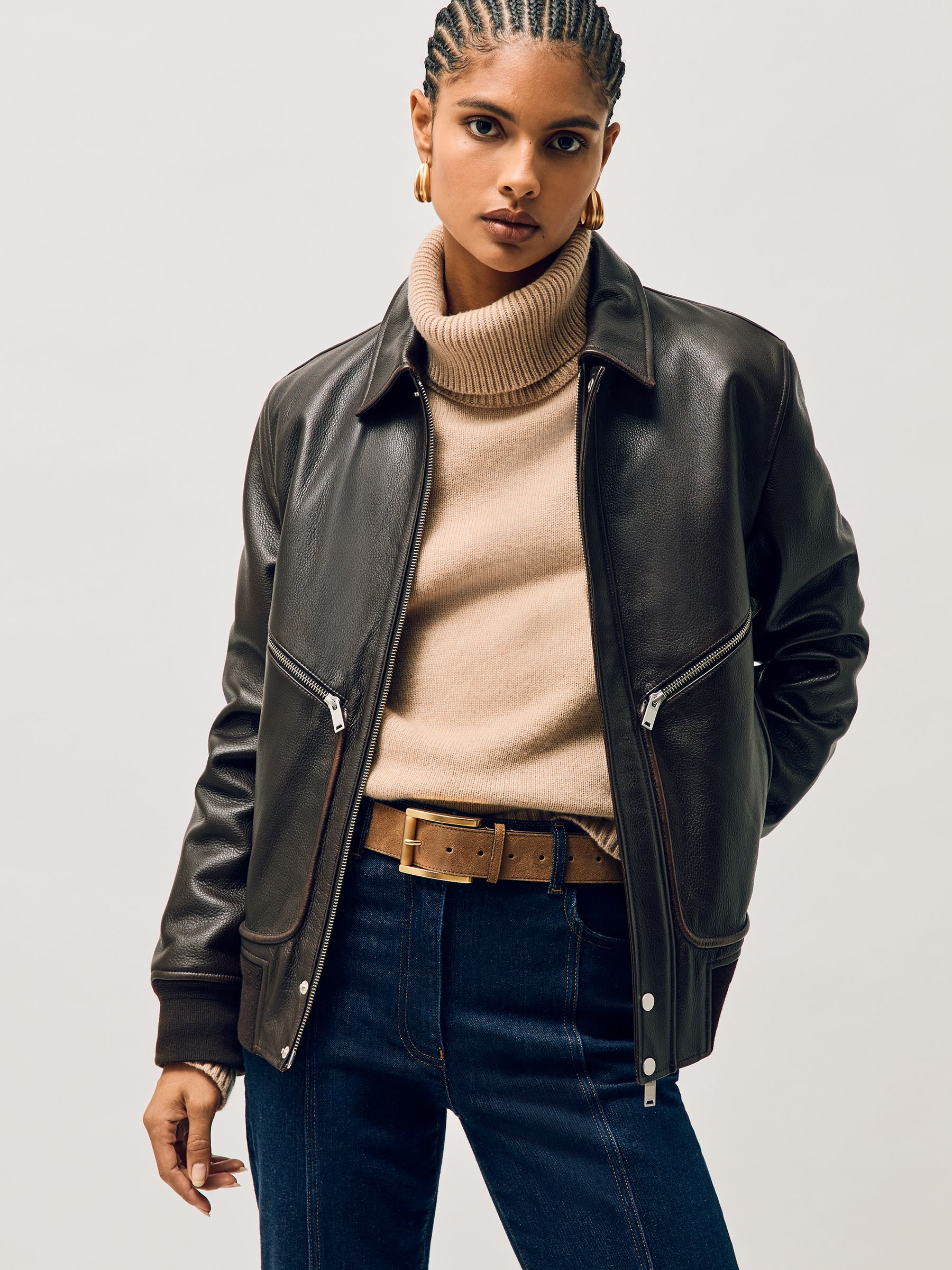 Reiss Tan Rosie Suede Square Roller Buckle Belt