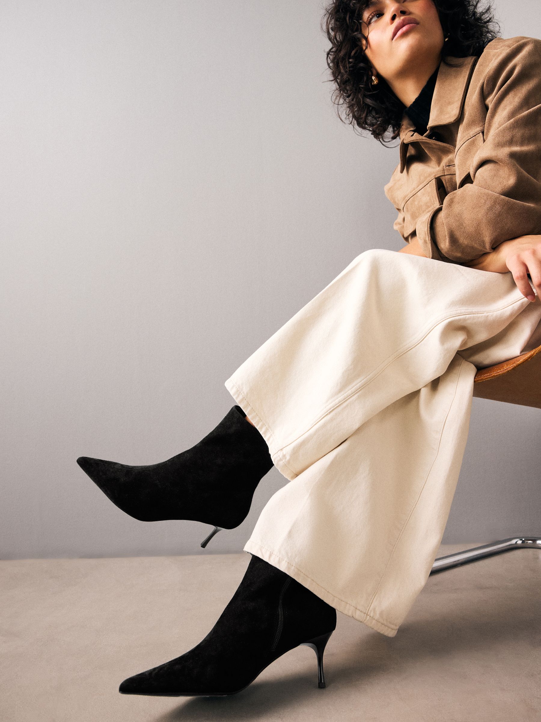 Black Suede Pointed Toe Skinny Heeled Ankle Boots