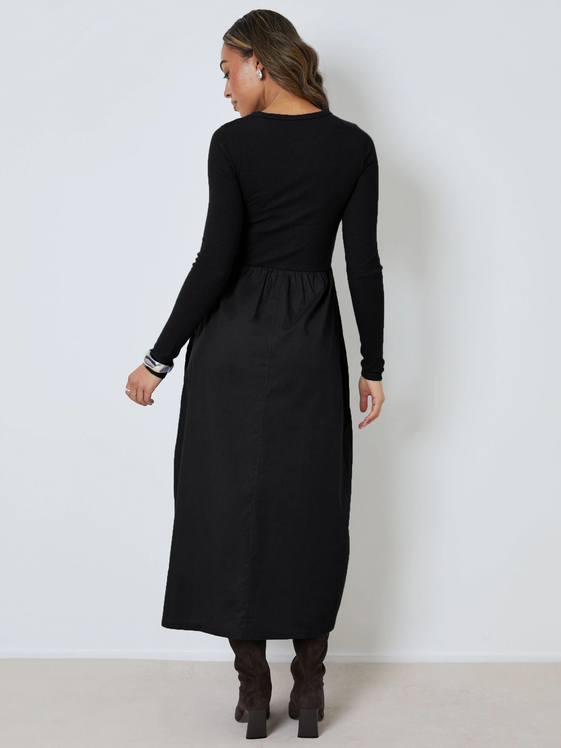 Threadbare Black 2-in-1 Jersey Poplin Mix Button Down Dress