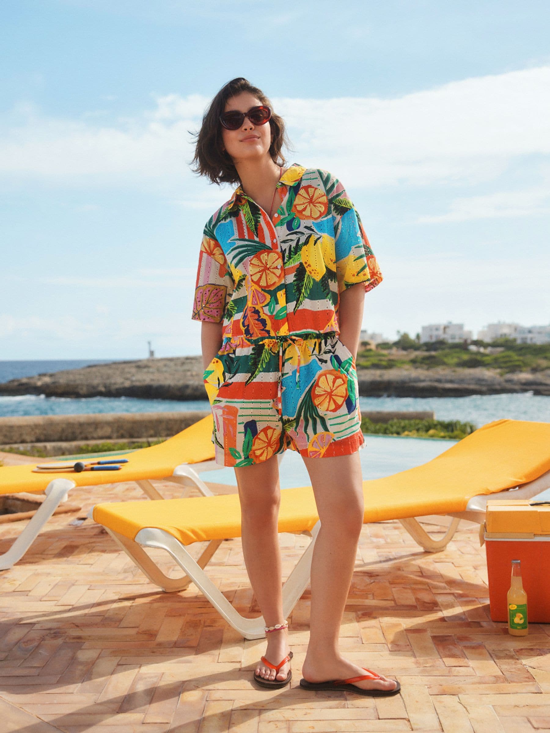 Bright Fruit Stripe Broderie Summer Shorts