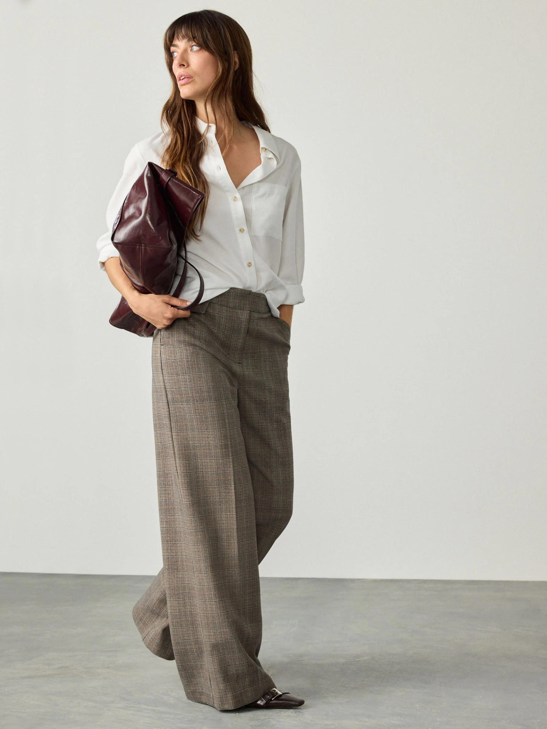Grey Check Brushed High Waisted Wide Leg Tailored Trousers
