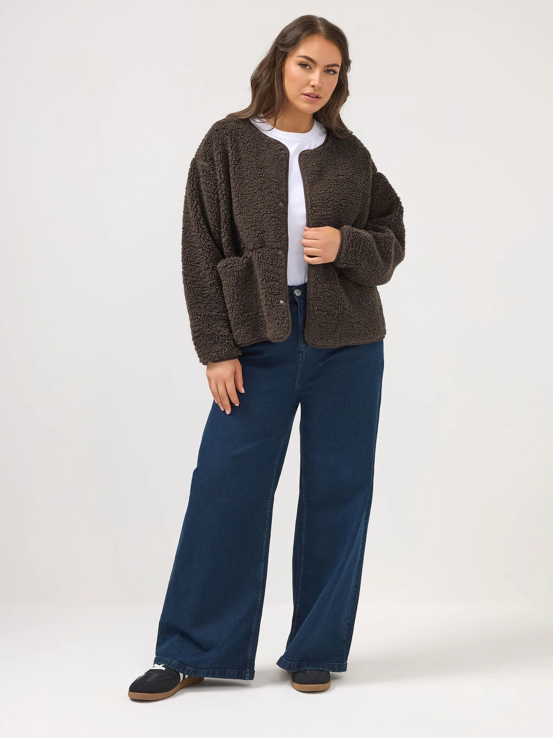 Yours Curve Brown Collarless Popper Fleece