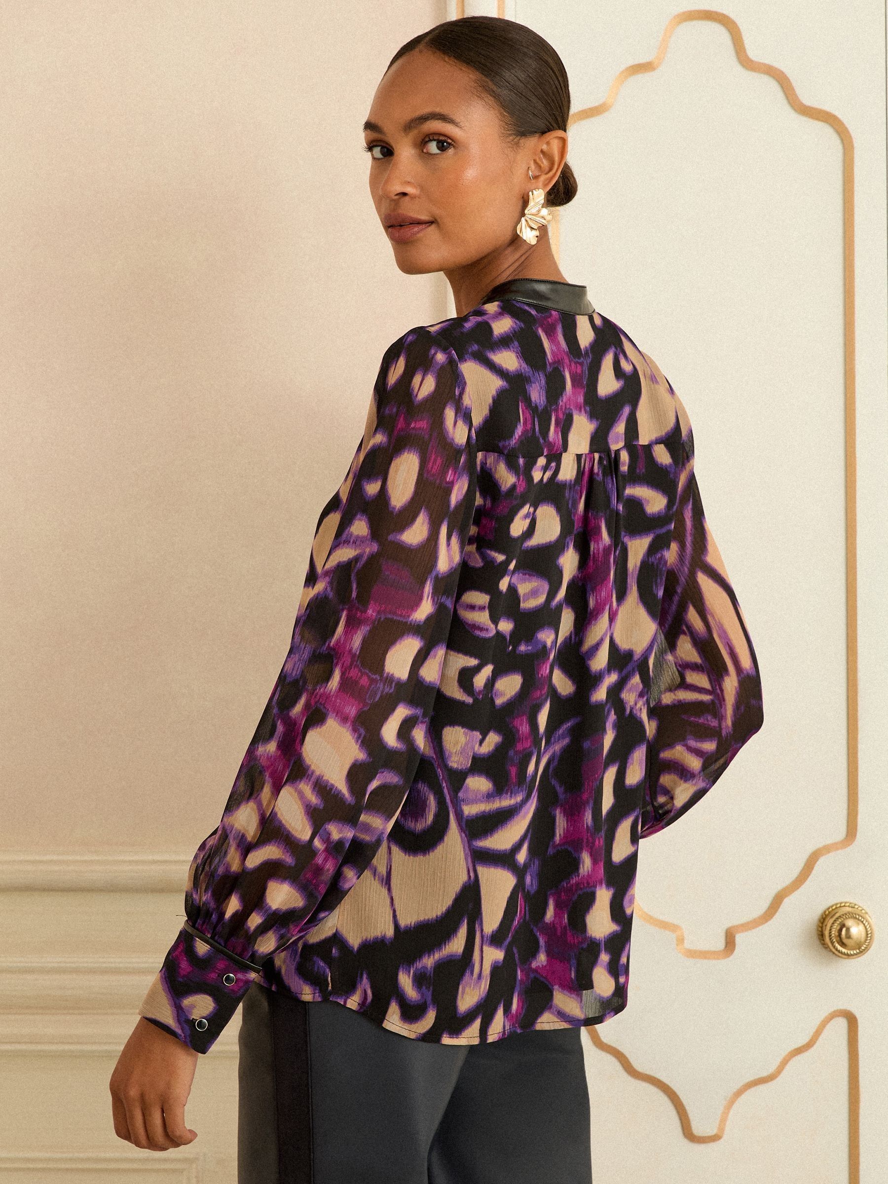 Love & Roses Purple Animal Long Sleeve Zip Front Blouse