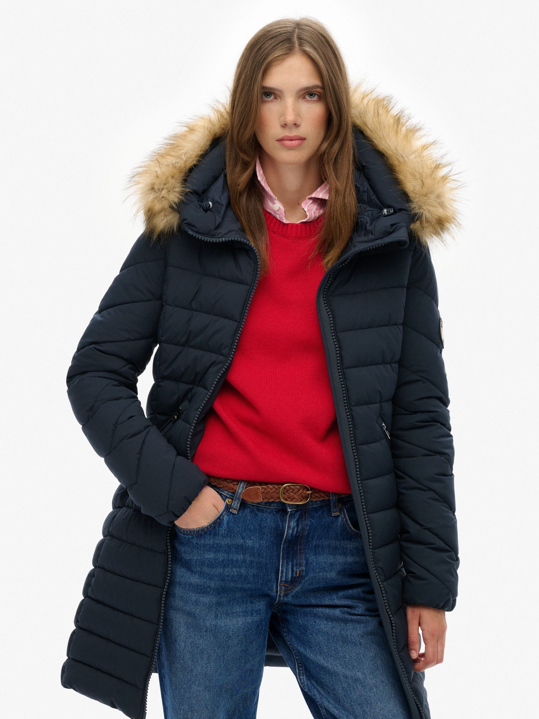 Superdry Blue Fuji Faux Hood Mid Length Coat