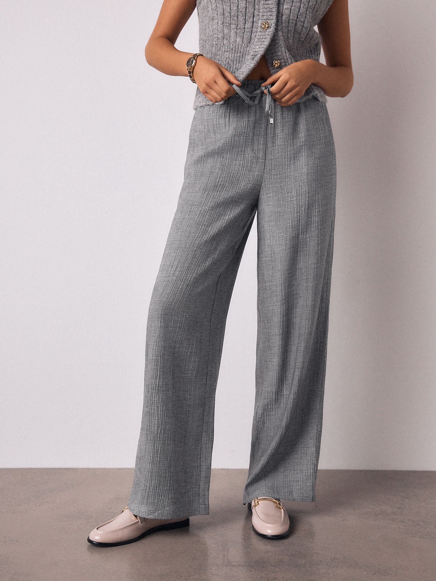 Grey Tie Waist Wide Leg Trousers with Wool