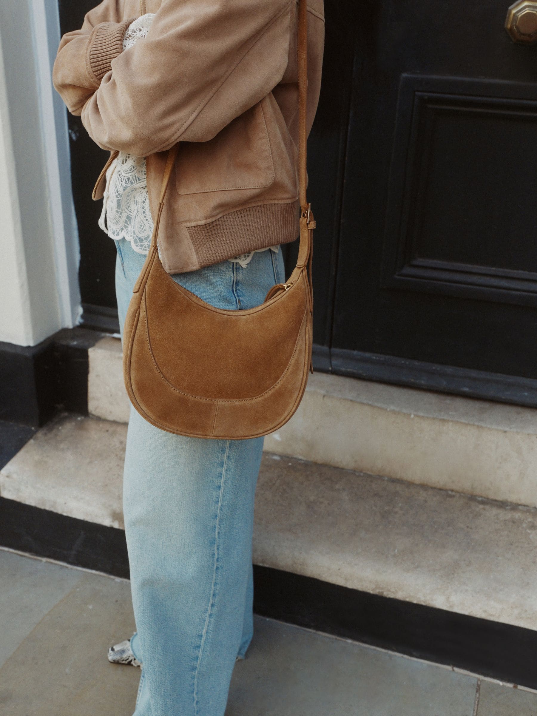Tan Brown Leather Scoop Cross-Body Bag