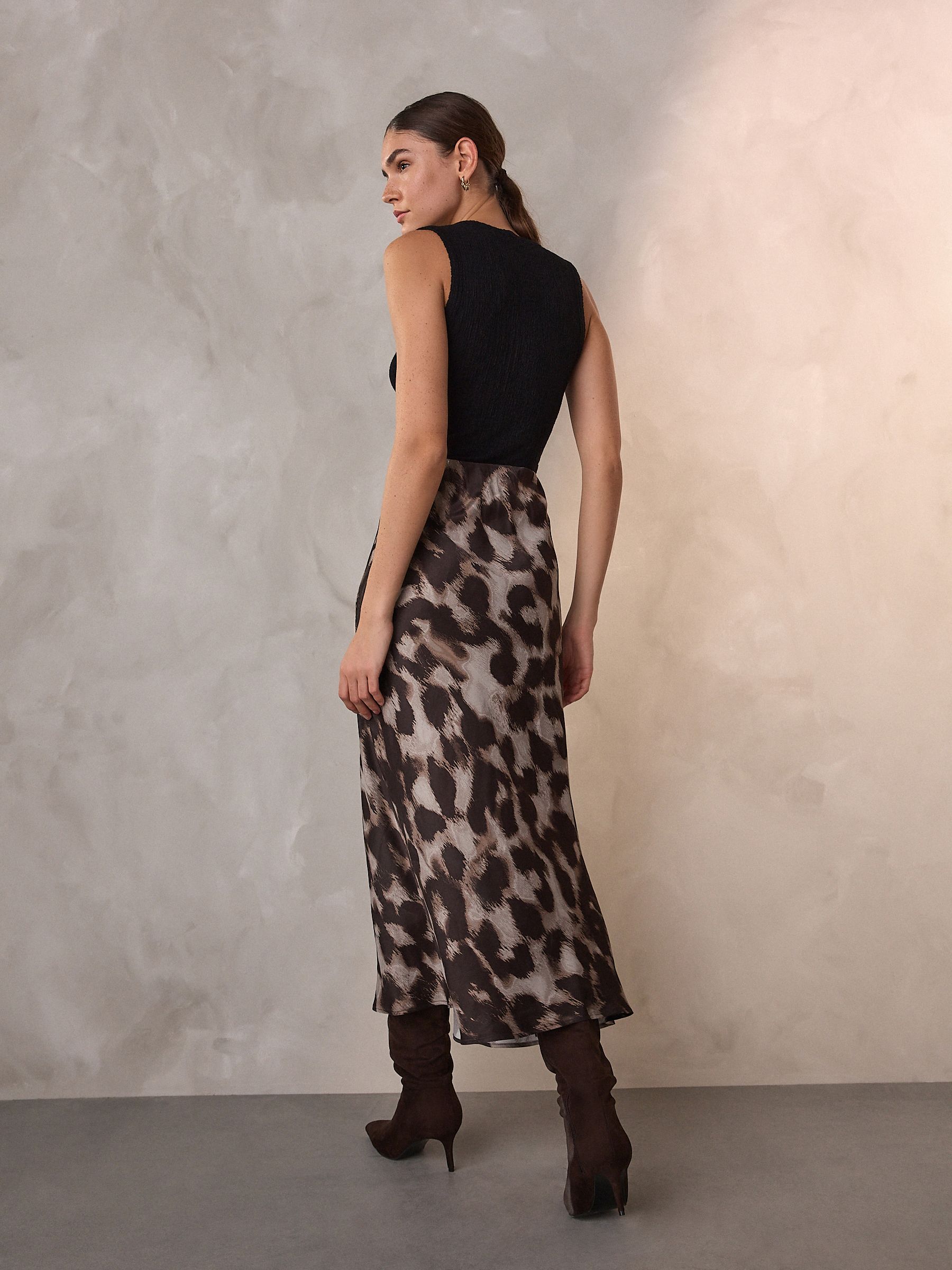 Brown Animal Print Satin Midi Skirt