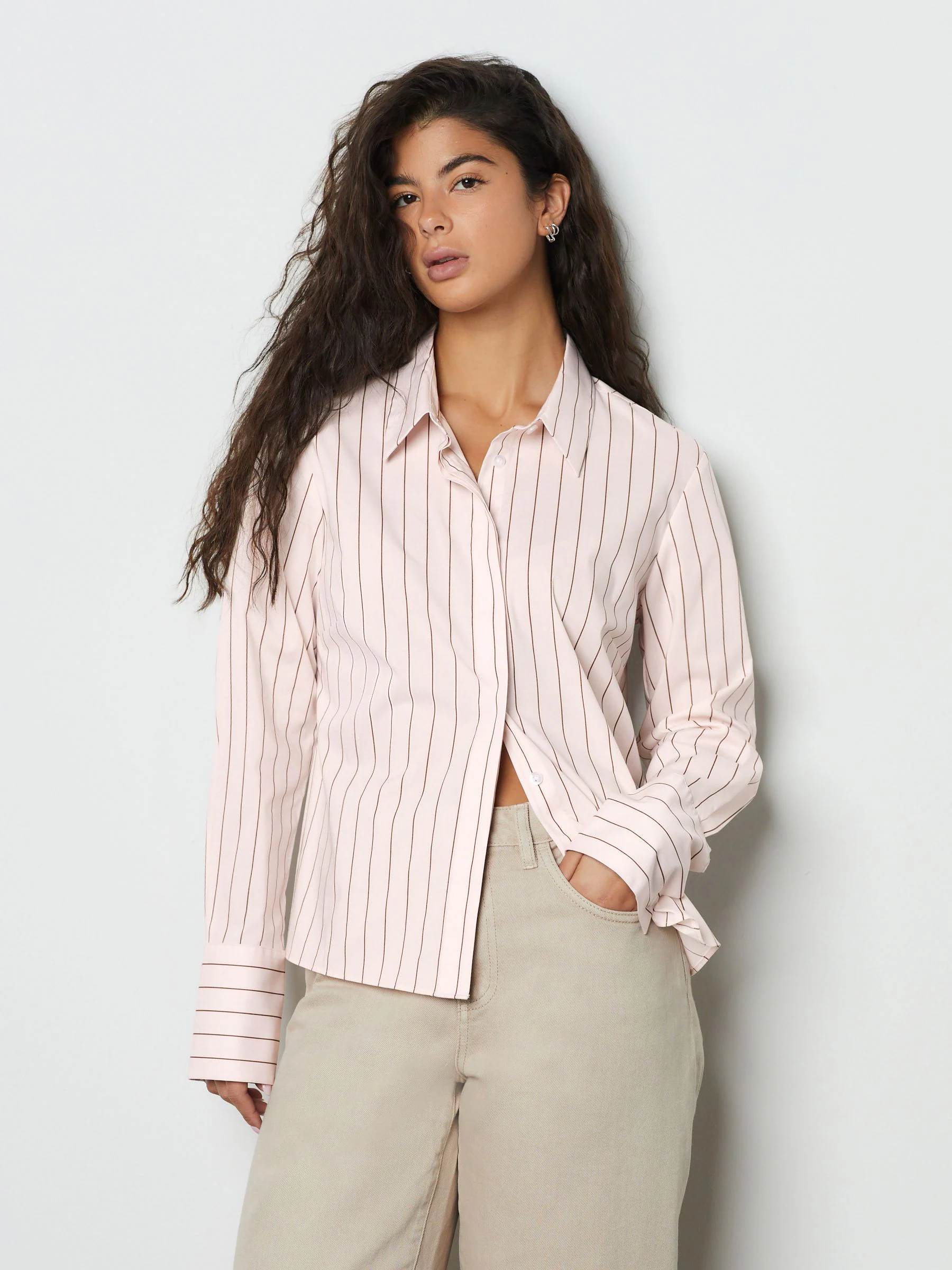Pink/Brown Fitted Stretch Essential Long Sleeve Shirt