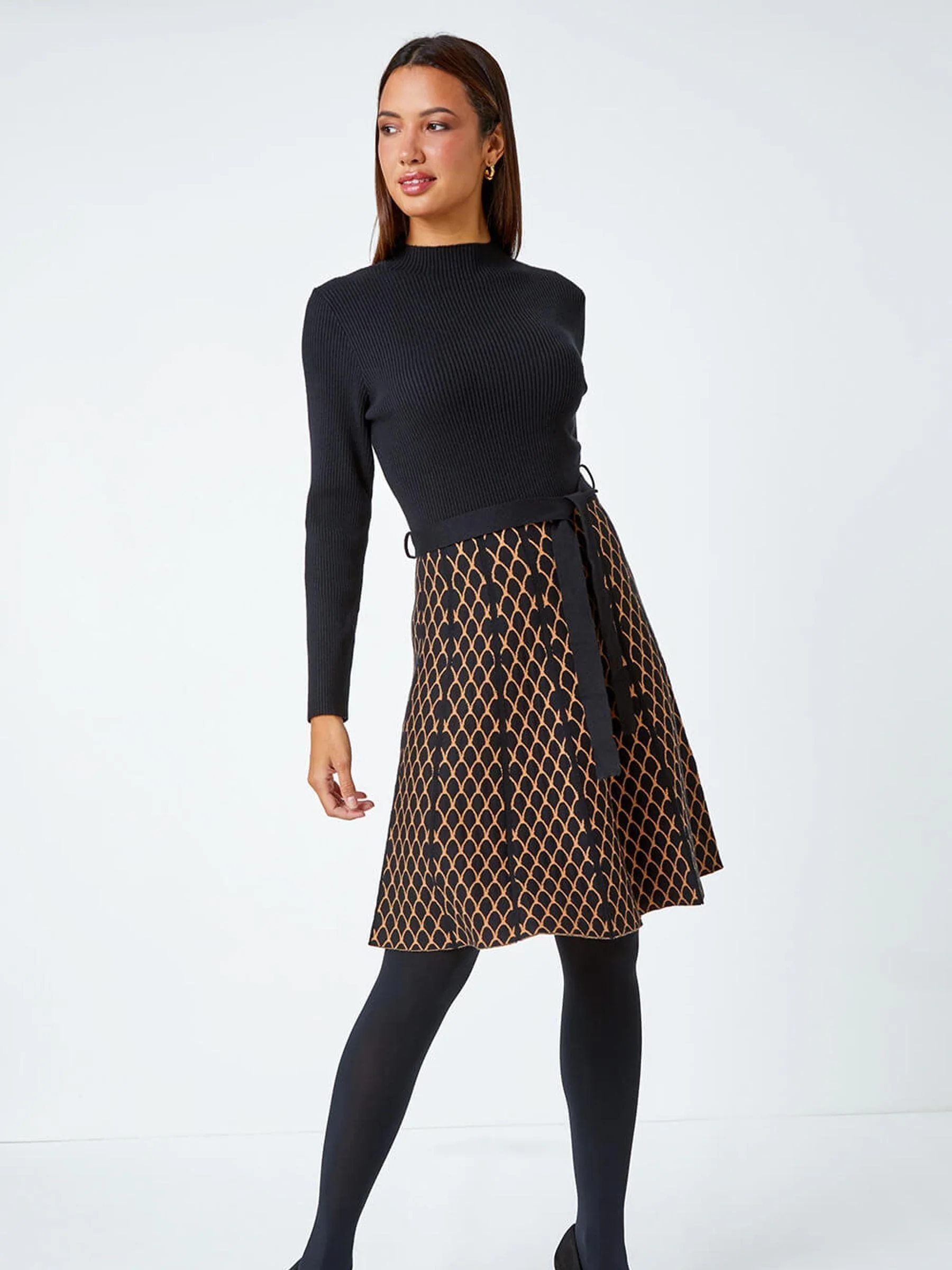 Roman Natural Contrast Skirt Ribbed Jumper Dress