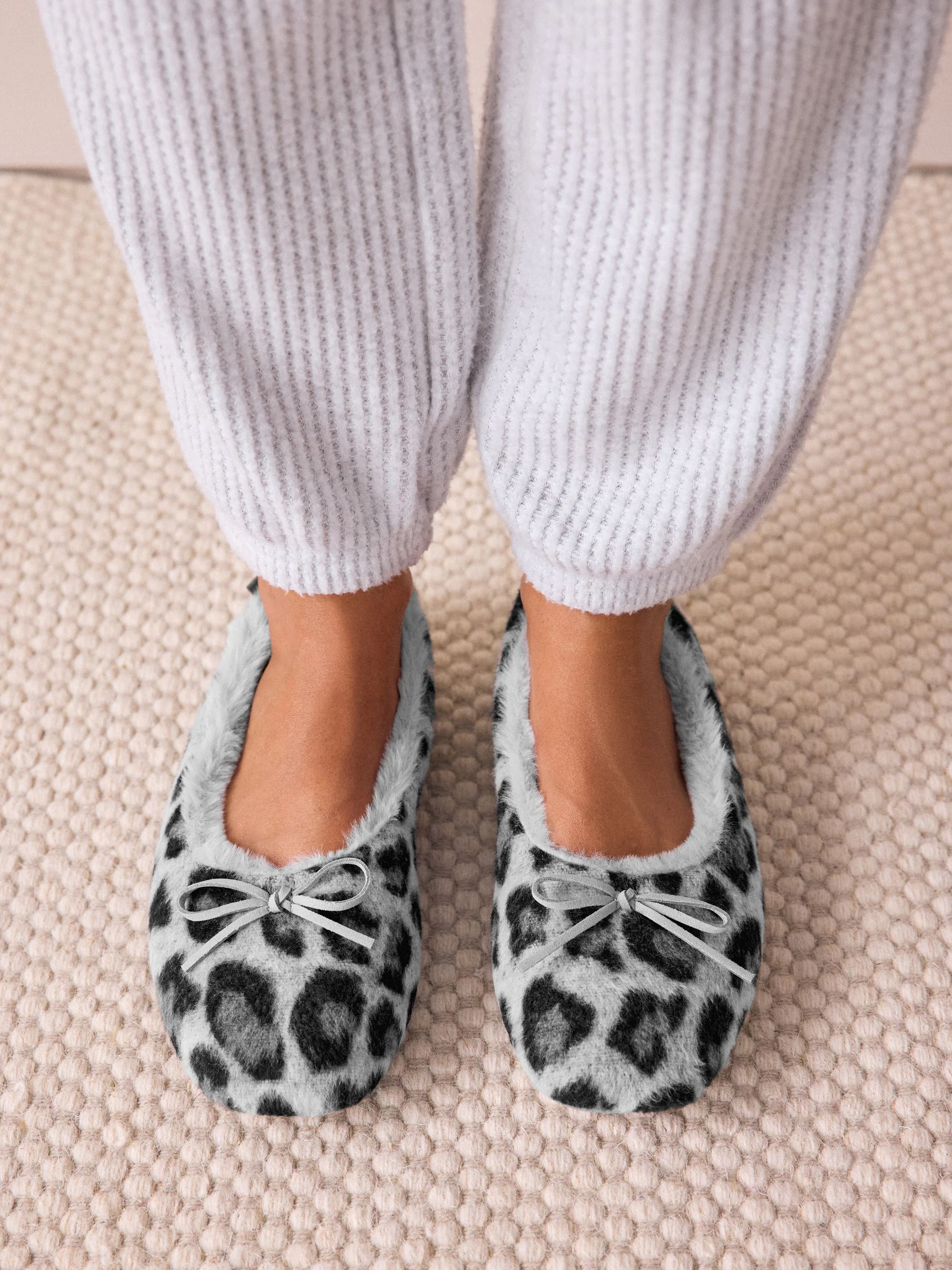 Grey Animal Print Ballerina Flat Slippers