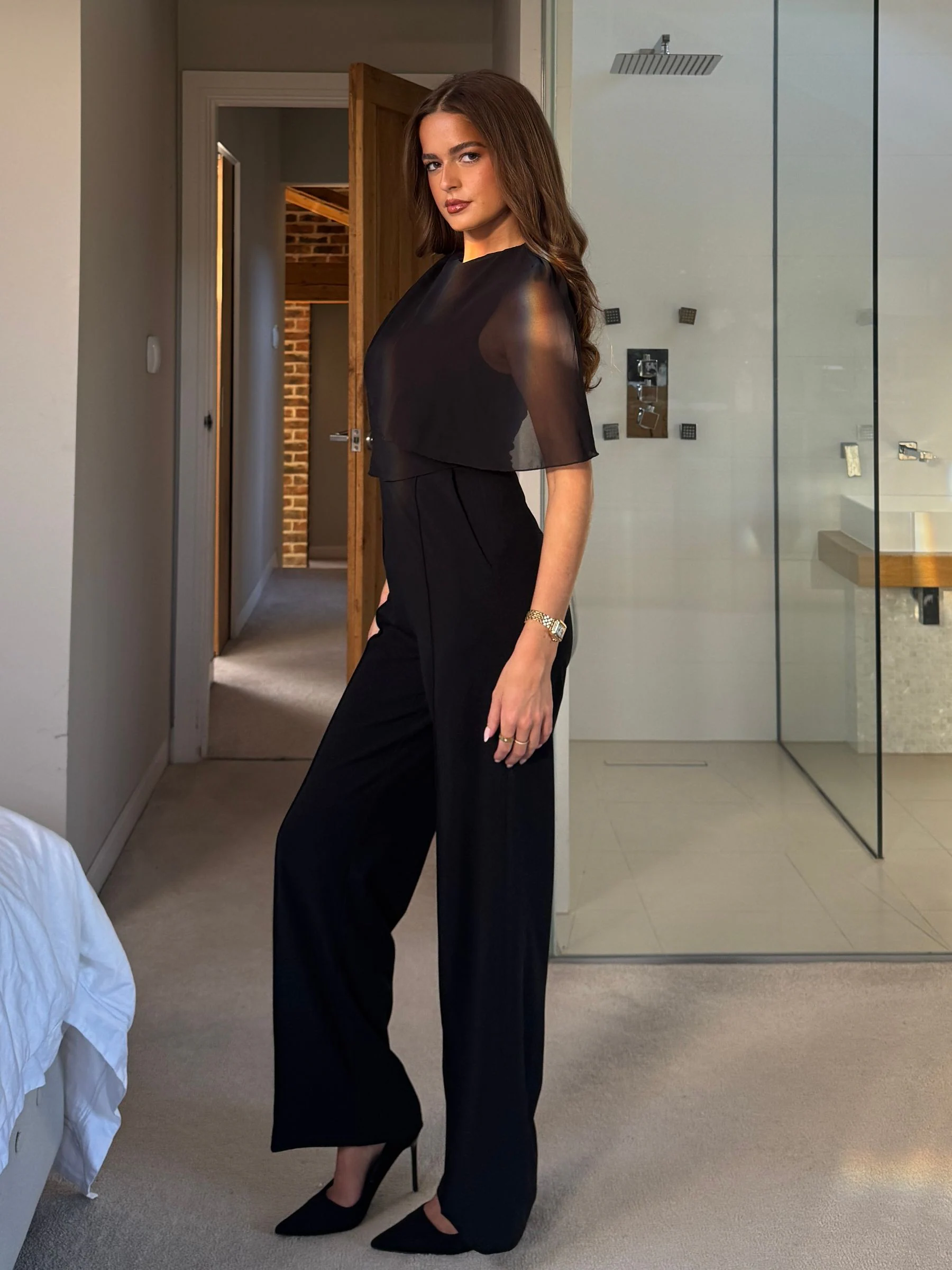 Girl In Mind Black Vivienne Cape Detail Stretch Jumpsuit