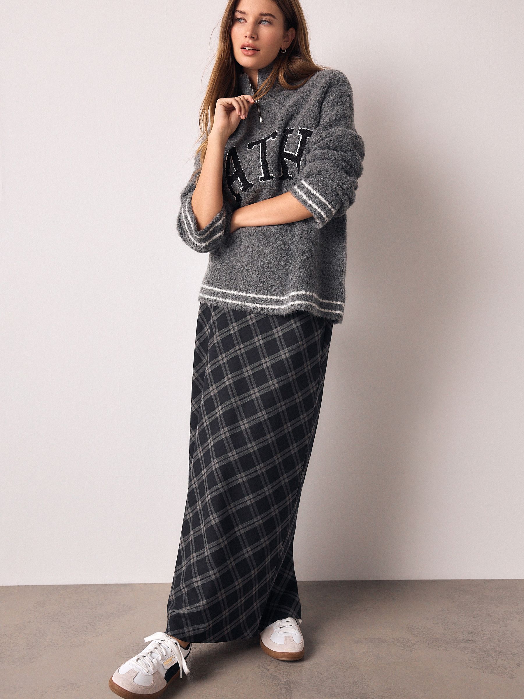 Grey Check Midi Slip Skirt