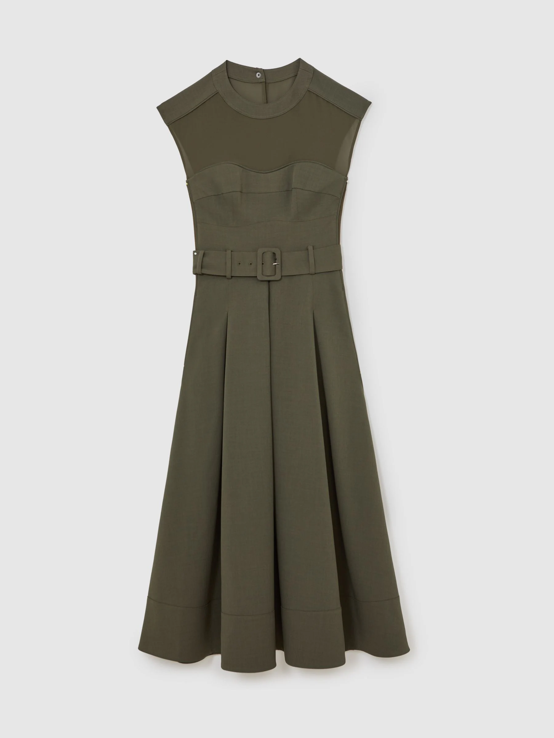 Reiss Khaki Green Ava Mesh-Panel Belted Pleated Midi Dress