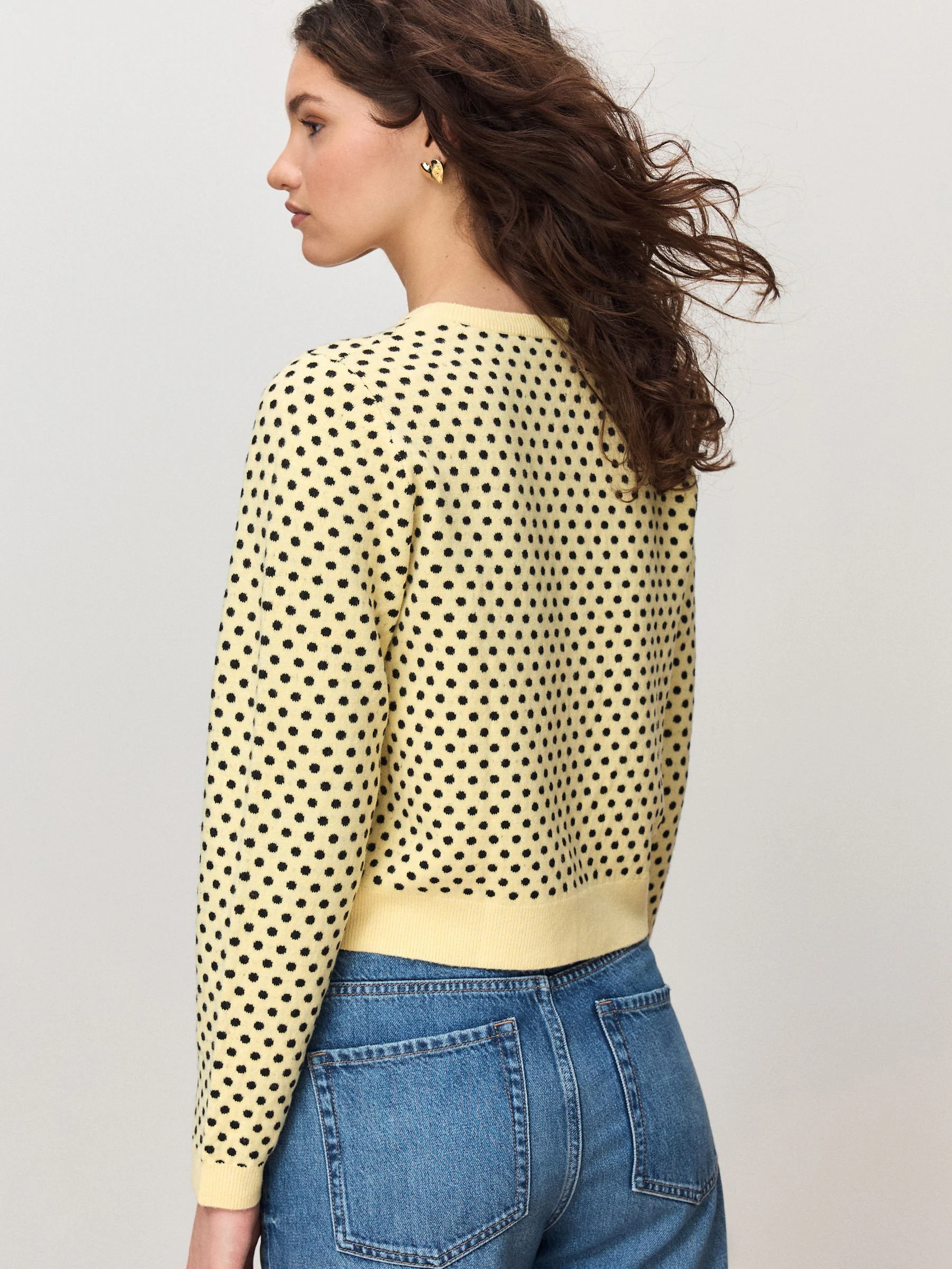Yellow Polka Dot Slim Supersoft Crew Neck Cardigan with Wool