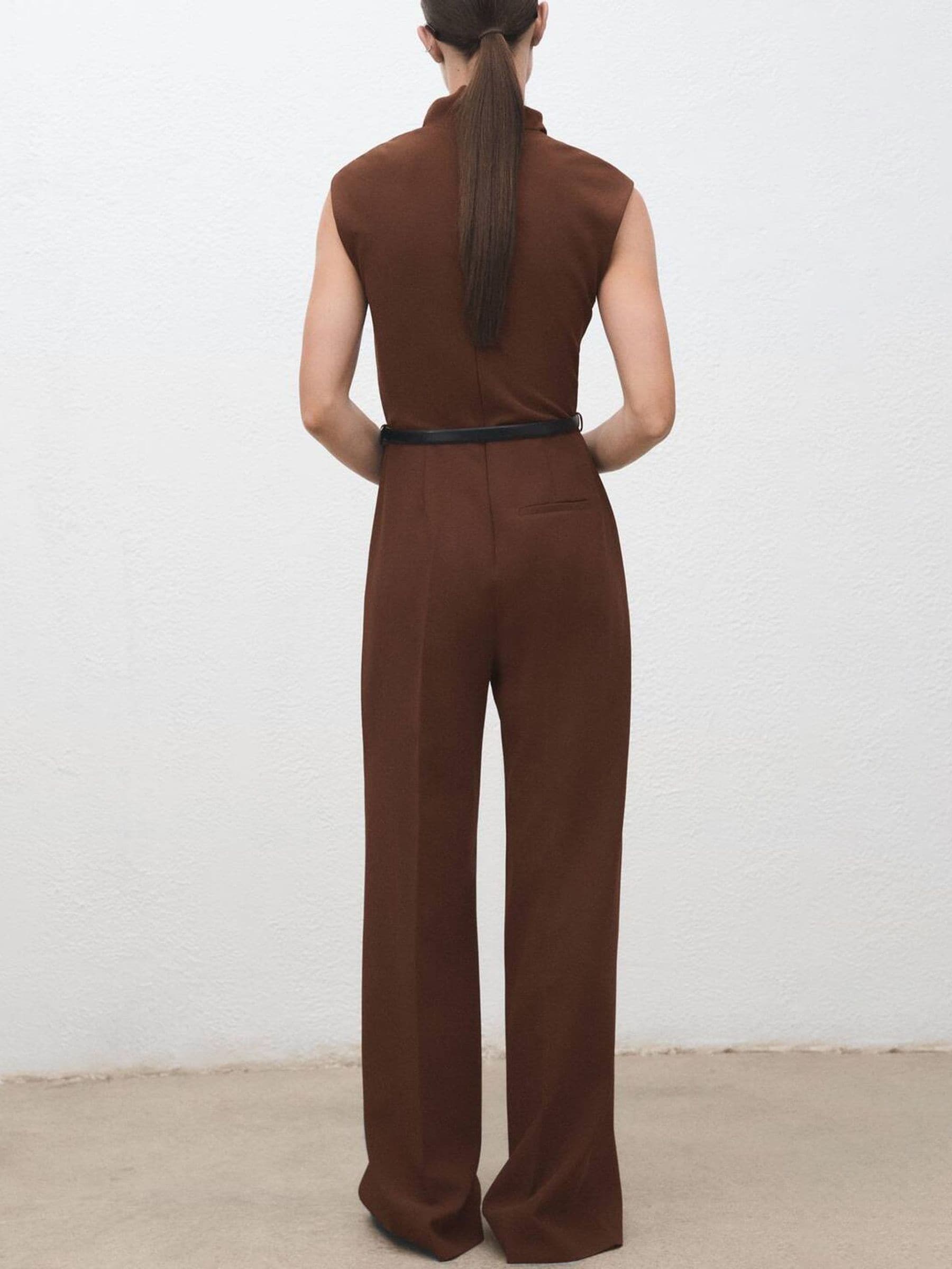 Mango Brown Belted Wide Leg Jumpsuit