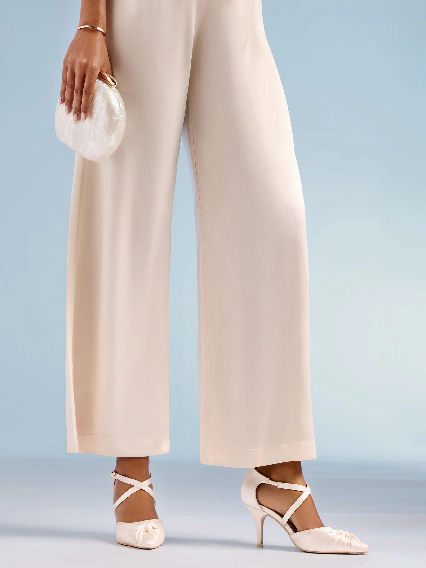 Friends Like These Cream Bridal Satin Twist Detail Cross Strap Mid Heel Court Shoes