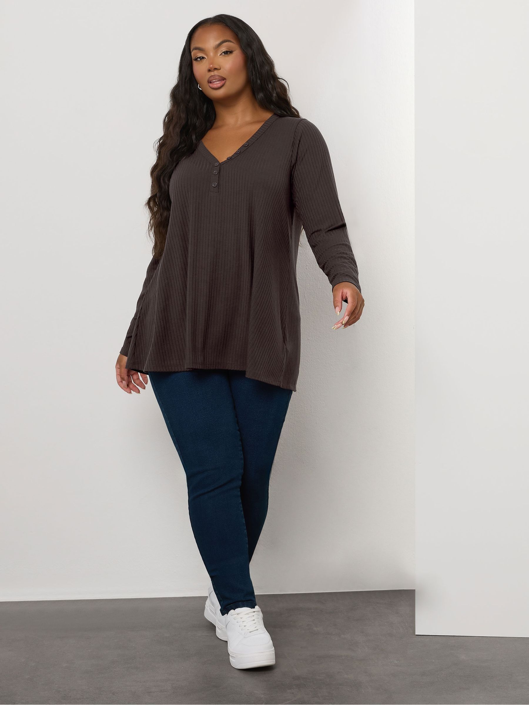 Yours Curve Brown Henley Ribbed Swing Blouse
