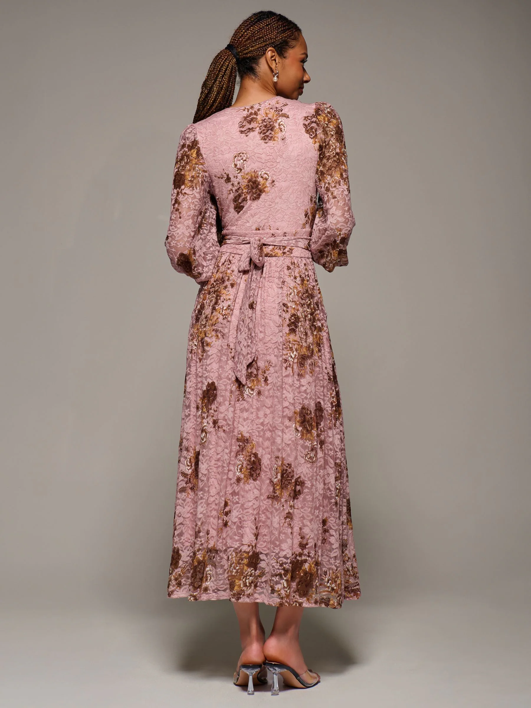 Jolie Moi Pink Long Sleeve Printed Lace Midaxi Dress