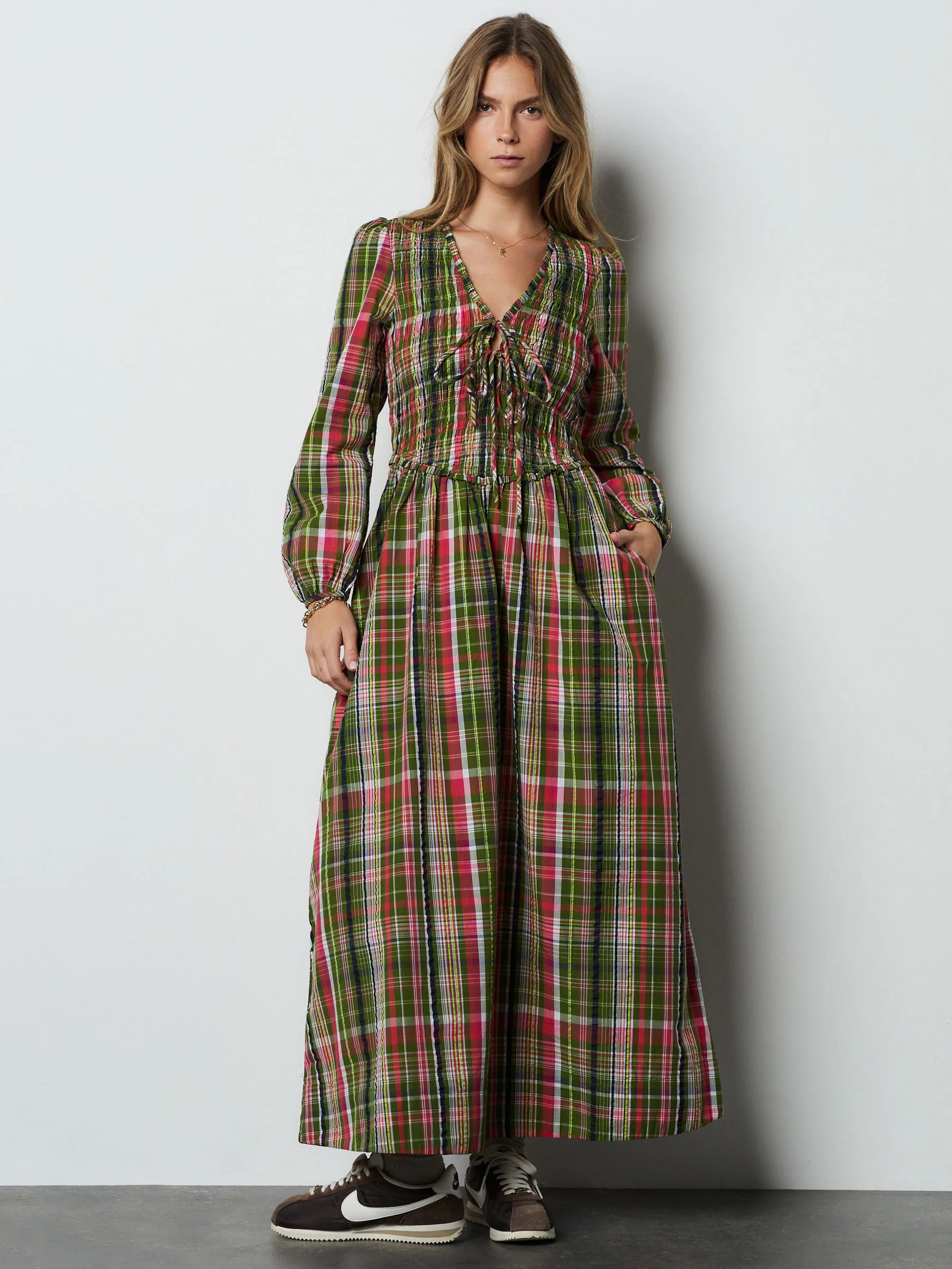 Green Pink Check Shirred Long Sleeve Midi Dress