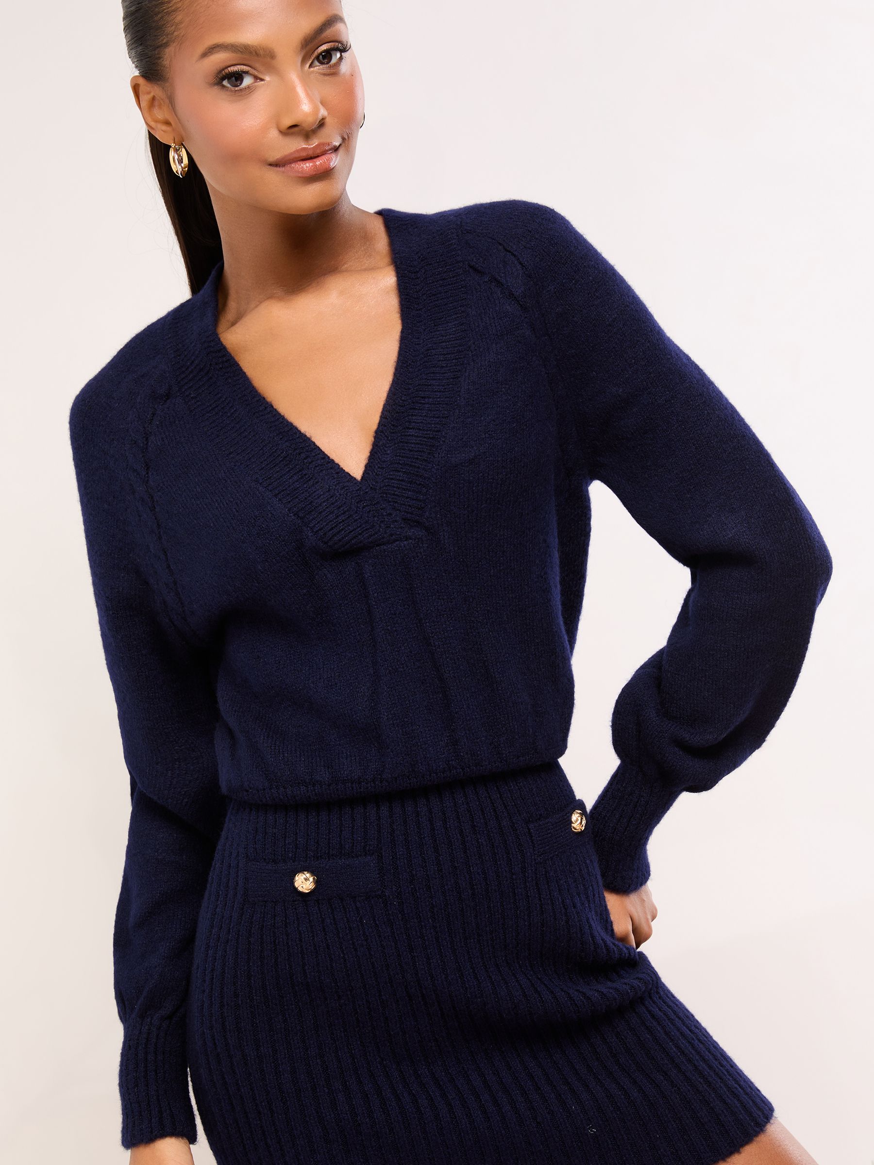 Lipsy Navy Blue Knitted With Wool V-Neck Blouson Buttoned Mini Dress