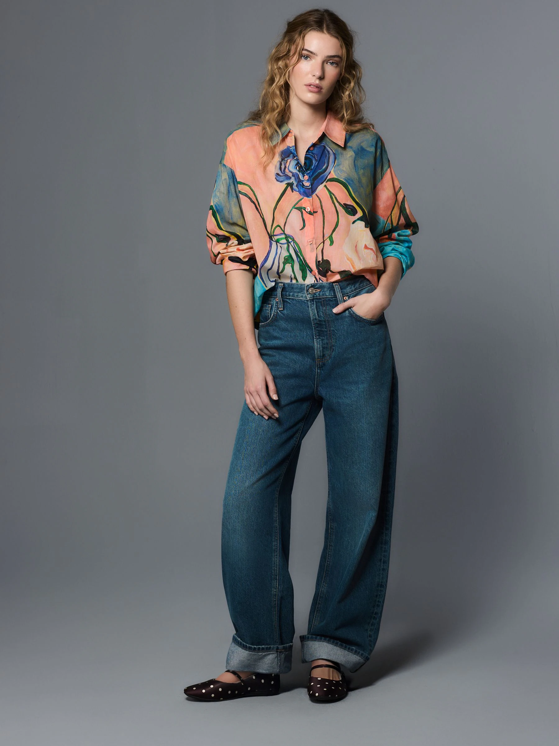 Elizabeth Power Artist Print Relaxed Long Sleeve Cotton Lightweight Shirt