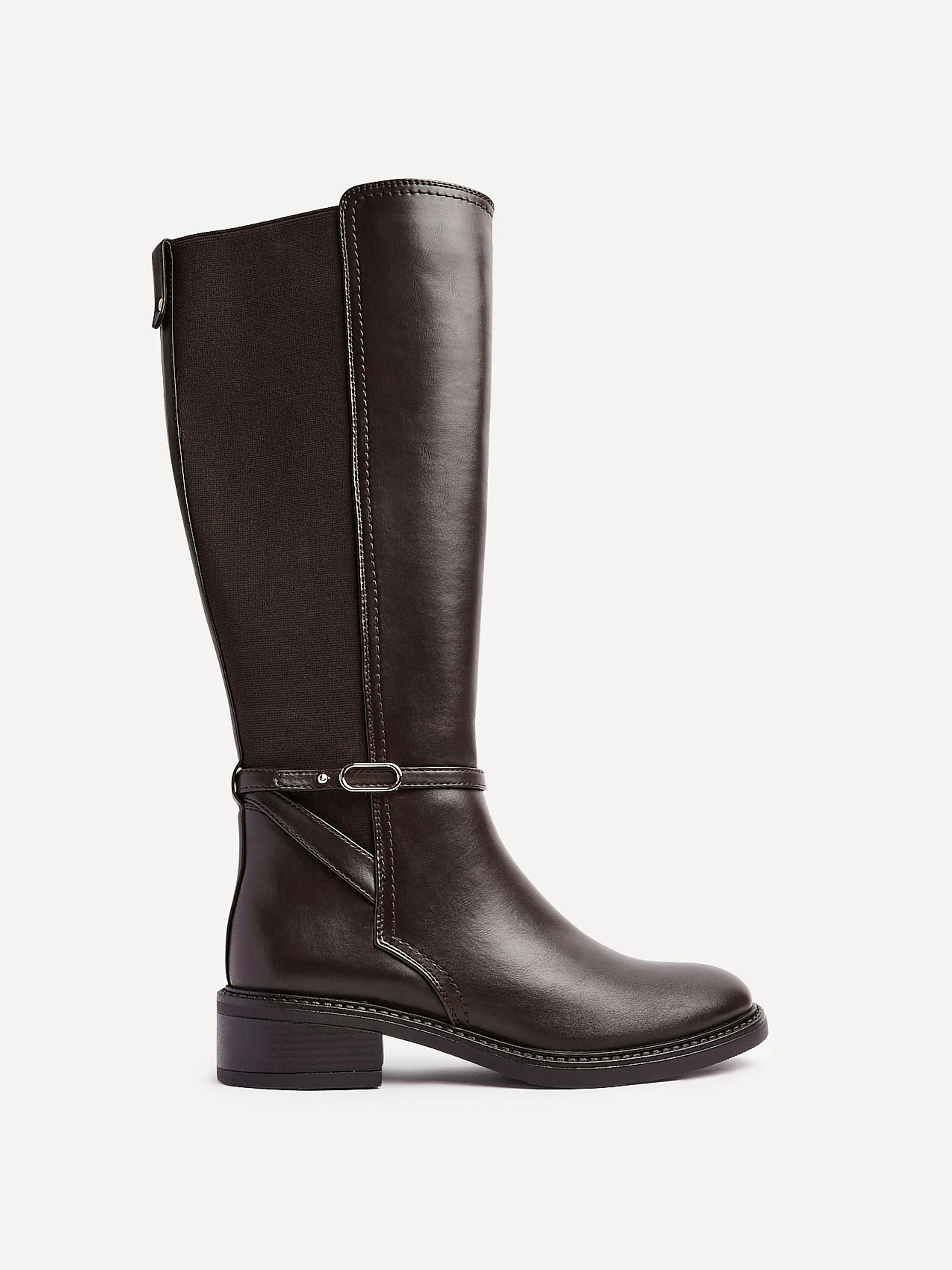 Linzi Brown Power High Leg Boots With Stretch Side Panel and Buckle Detail