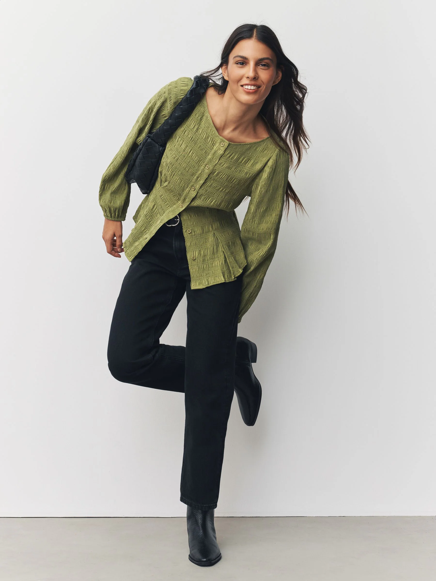 Green Long Sleeve Boatneck Textured Button-Front Blouse