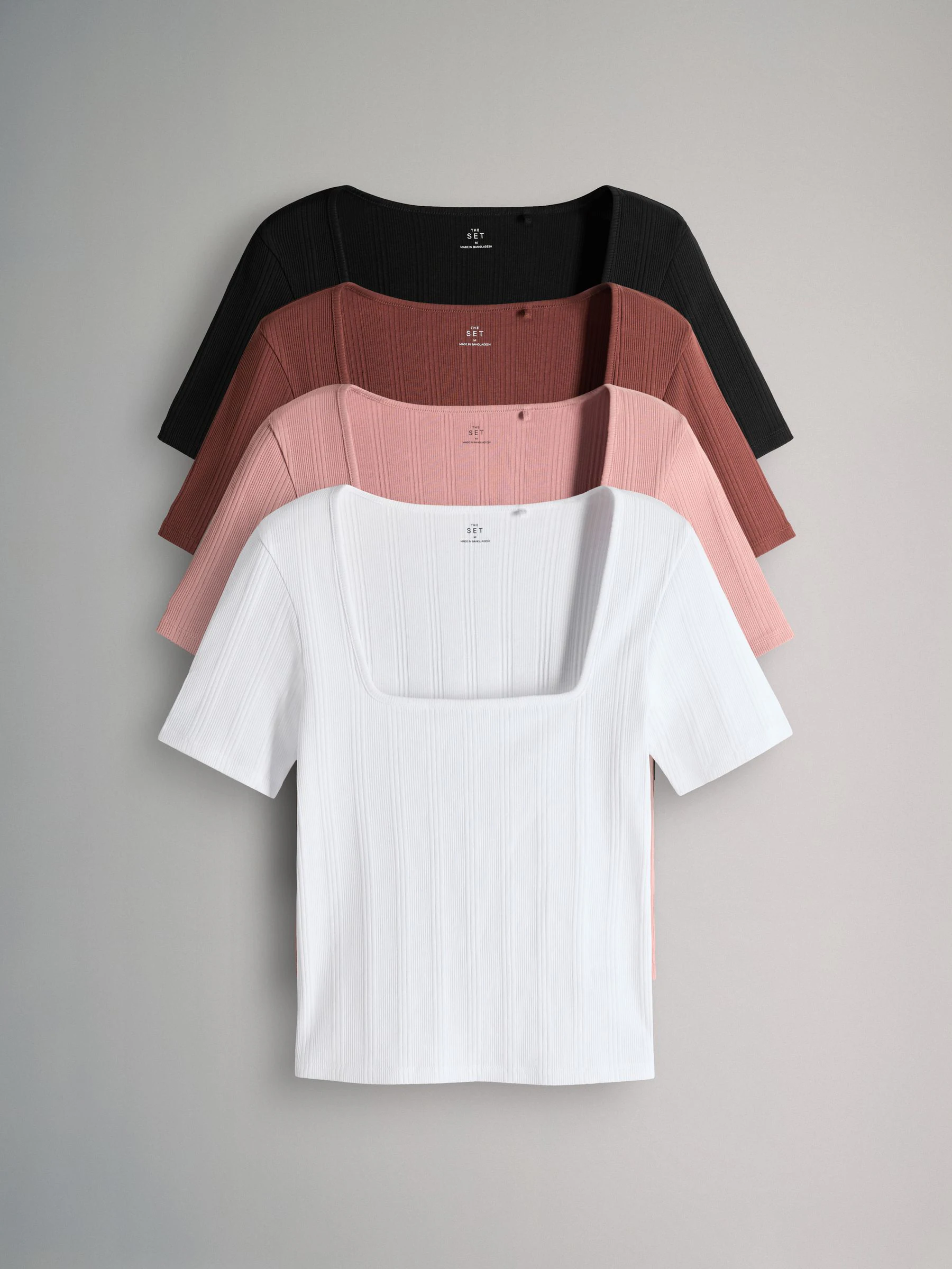 The Set 4 Pack Textured Ribbed Square Neck Half Sleeve T-Shirts Black/Pink/White