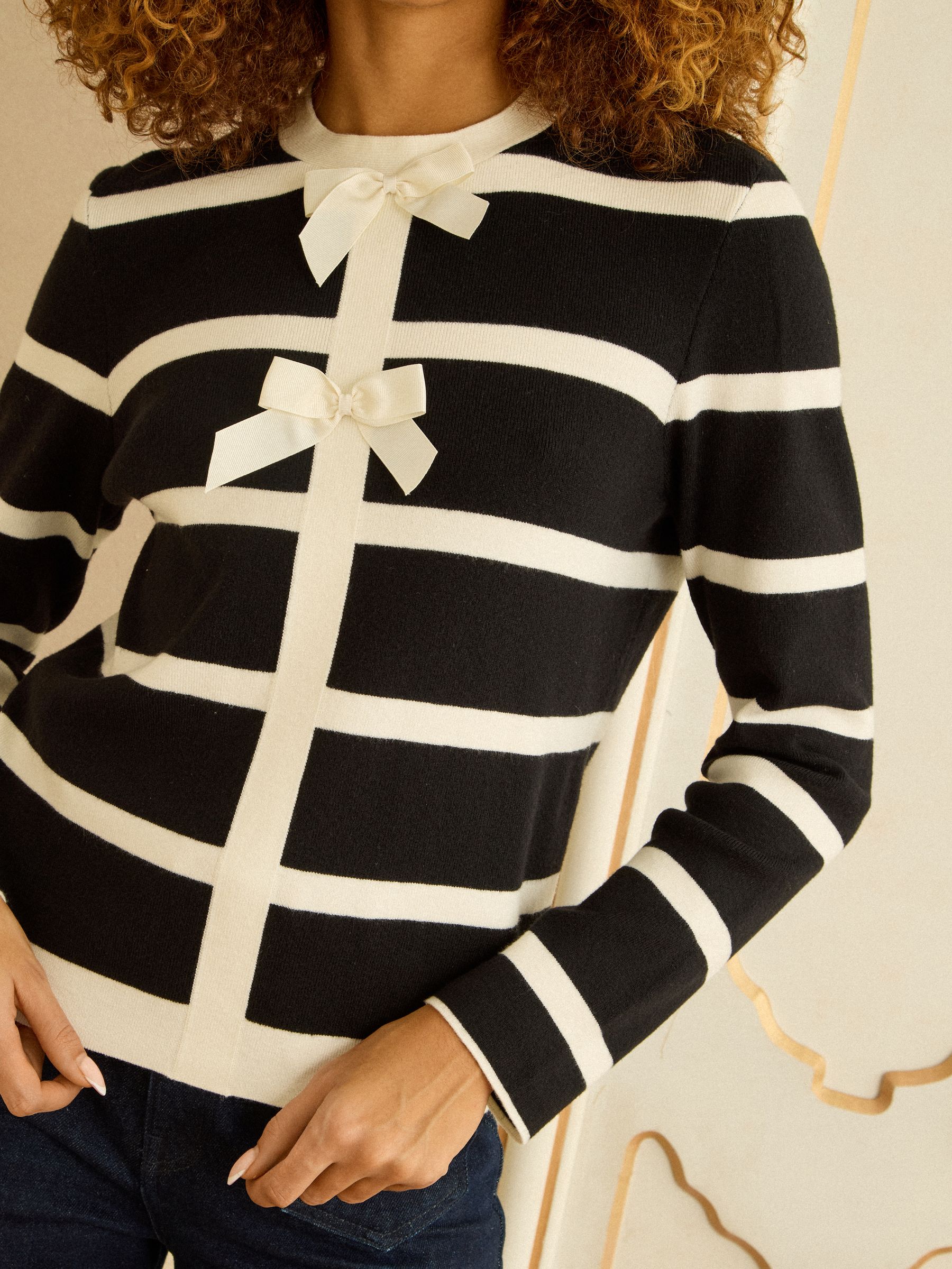 Love & Roses Black And White Striped Bow Detail Knitted Jumper